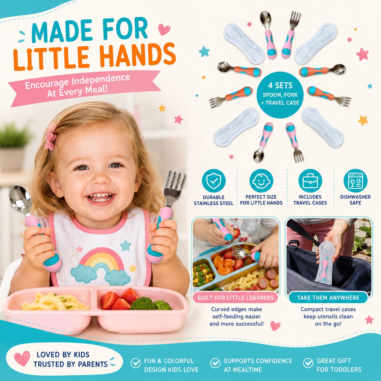 Toddler Silverware, Kids Utensils, Stainless Steel Forks Spoons Set With Travel Case For 1 2 3 & 4 Year Old. Metal Cutlery for Children Girls Boys Baby, Round Handle 8 Pieces (4 Sets) Pink Blue Orange