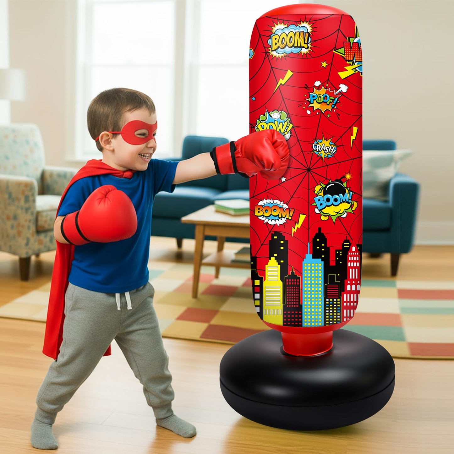 Jenaai 3 in 1 Inflatable Punching Bag for Kids 40" Boxing Kit with Gloves Air Pump Freestanding Punching Bag for Daily Exercise Karate Taekwondo, Birthday Easter Gift for Kids(Spiderweb)