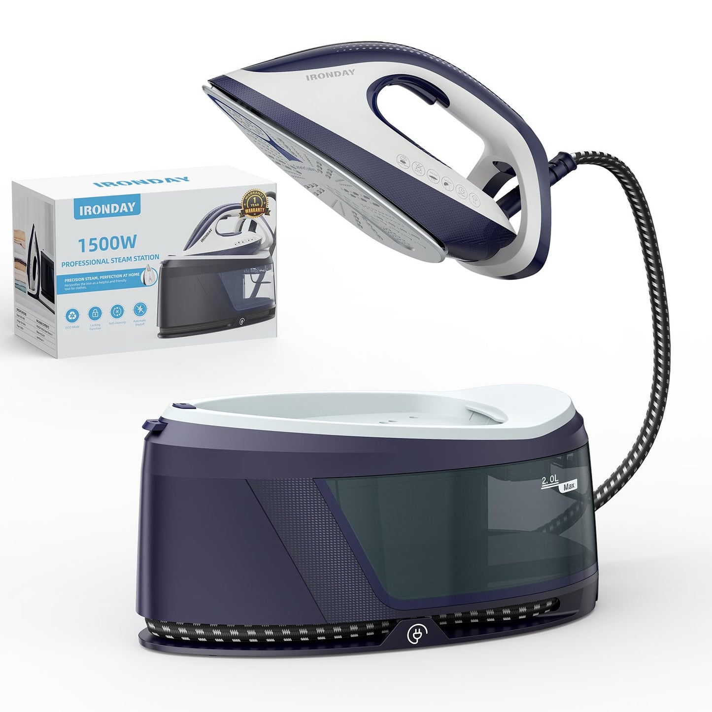 IRONDAY Steam Iron 1500W, Irons for Clothes with Large Water Tank, ECO Mode for Fabrics
