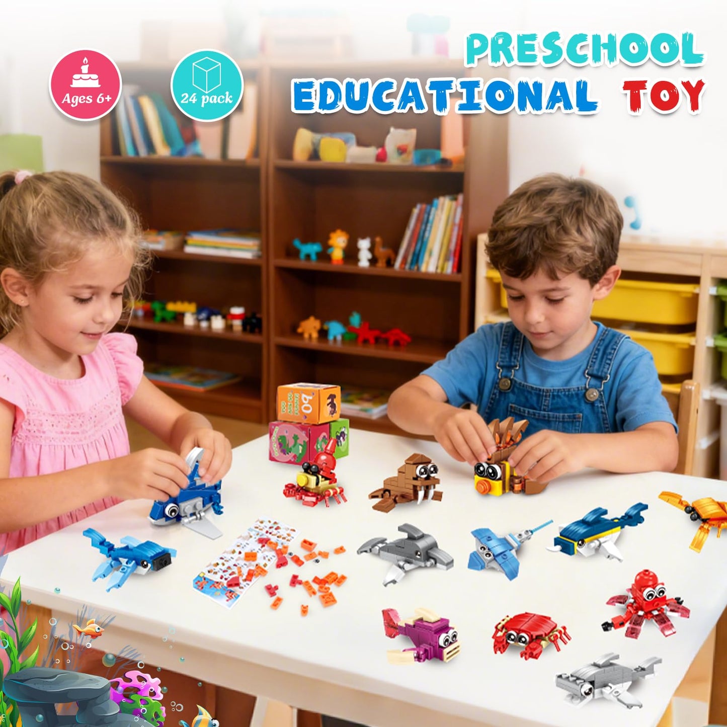 PEACEJOUNEY 24-piece Valentine's Day Gift Set, Ocean Life Building Blocks, Suitable for Boys and Girls - Valentine's Day Party Gifts, Classroom Exchange Gifts, School Reward Items
