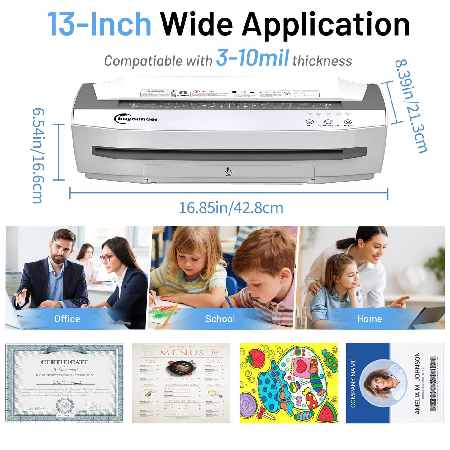 Buyounger 3-10 Mil Laminator Machine, 4-Roller Commercial Laminator Machine with 50 Laminating Sheets, 13 Inch Laminating Machine 11X17 with 1000mm/min Speed & REV Jam-Free for Office School Home