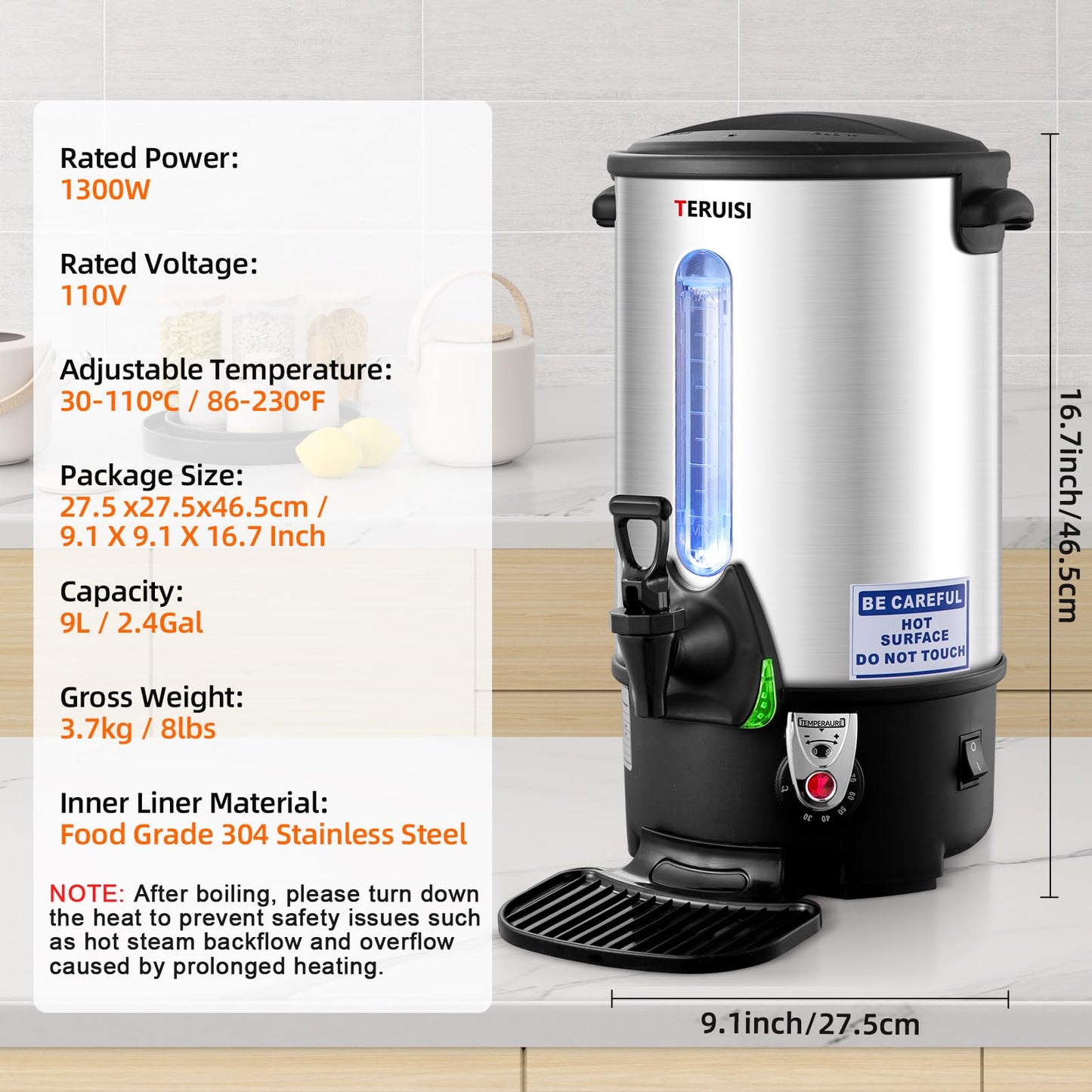 TERUISI Coffee Urn, 65 Cups/9L Commercial Coffee Maker, 1300W Large Coffee Maker Hot Water Tea Urn with Filter Basket & Adjustable Temperature, Stainless Steel Hot Drink Beverage Dispenser