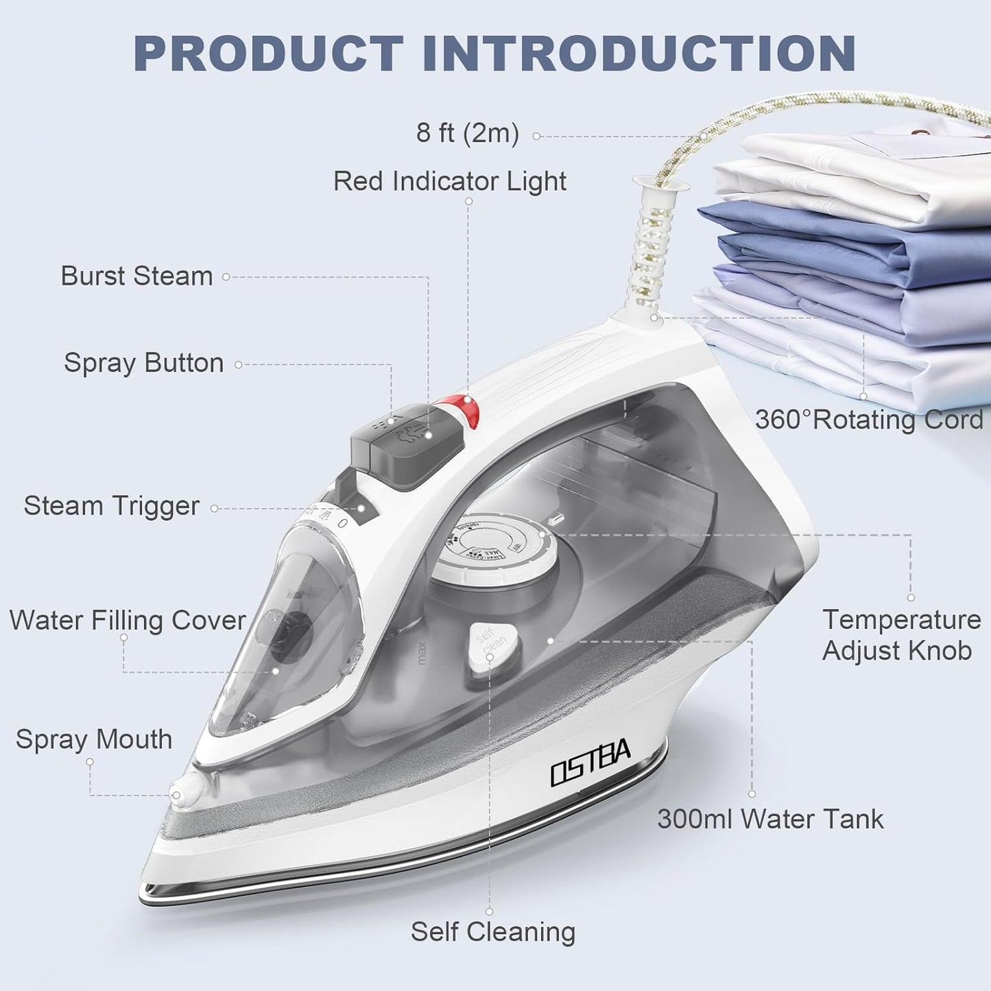 OSTBA 1600W Steam Iron - Rapid Heating, Nonstick Soleplate, Self-Cleaning, 300ml Water Tank