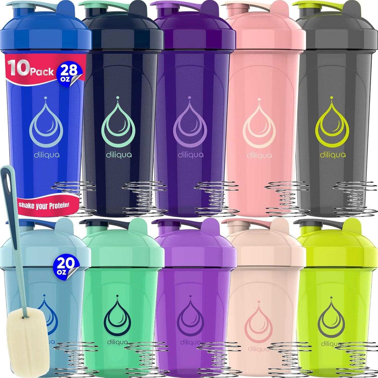 10 PACK, Shaker Bottles with Wire Whisks for Protein Mixes | Leakproof Blender Shaker Bottle Pack| BPA-Free & Dishwasher Safe | 5 Large 28-oz & 5 Small 20-oz shaker bottle | Shaker Cups for shakes