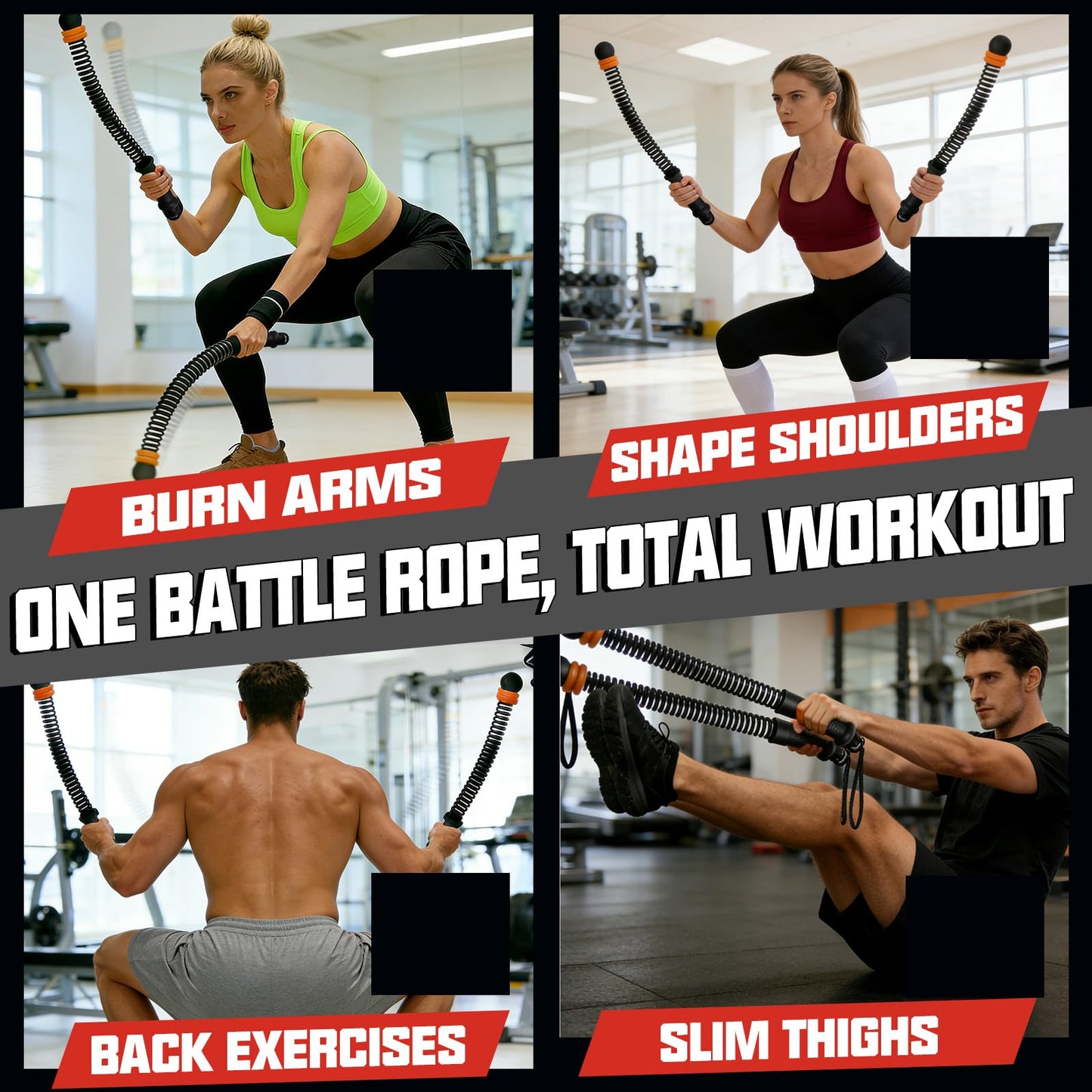 Pinailon Ropeless Battle Ropes, Workout Exercise Rope for Strength Building, Heavy Duty Portable Cordless Battle Ropes for Home Gym, HIIT and Low-Impact Aerobic Training for Men & Women, Black
