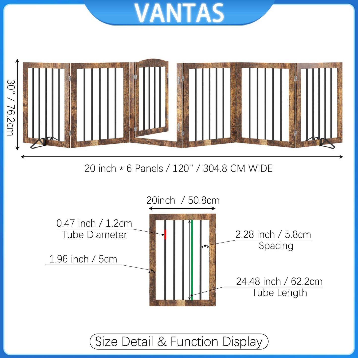 Vantas Folding Pet Gate 120" Wide, 30" Tall No-Assembly Wooden Dog Gate with Door Walk Through, Freestanding Puppy Safety Fence, with 2PCS Support - Rustic Brown