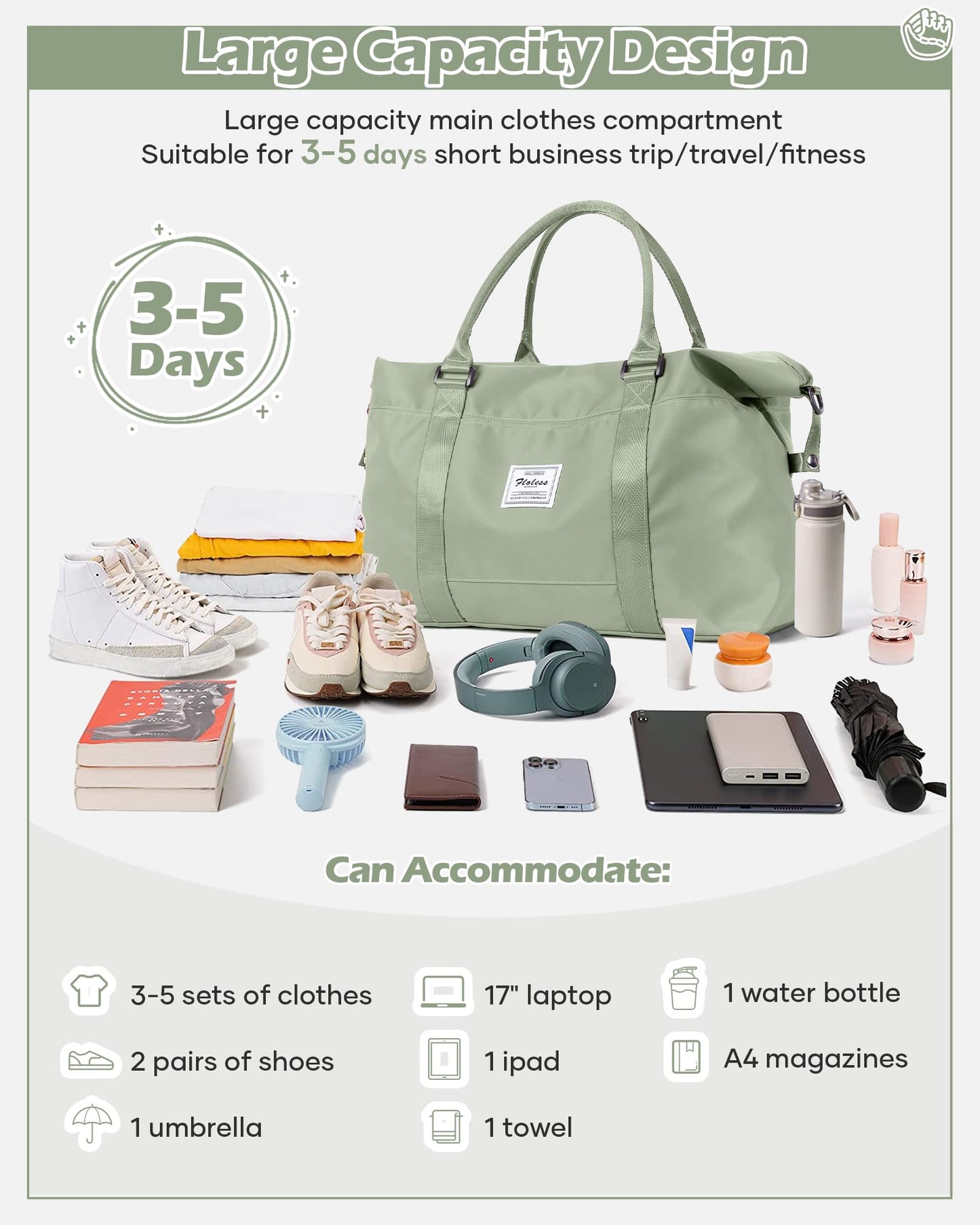 Travel Duffel Bags for Women Mens Waterproof Weekender Carry on Bag Sports Gym Bag Travel Tote Bags with Wet Pocket Overnight Bag Workout Duffel Bags with Trolley Sleeve Grey Green