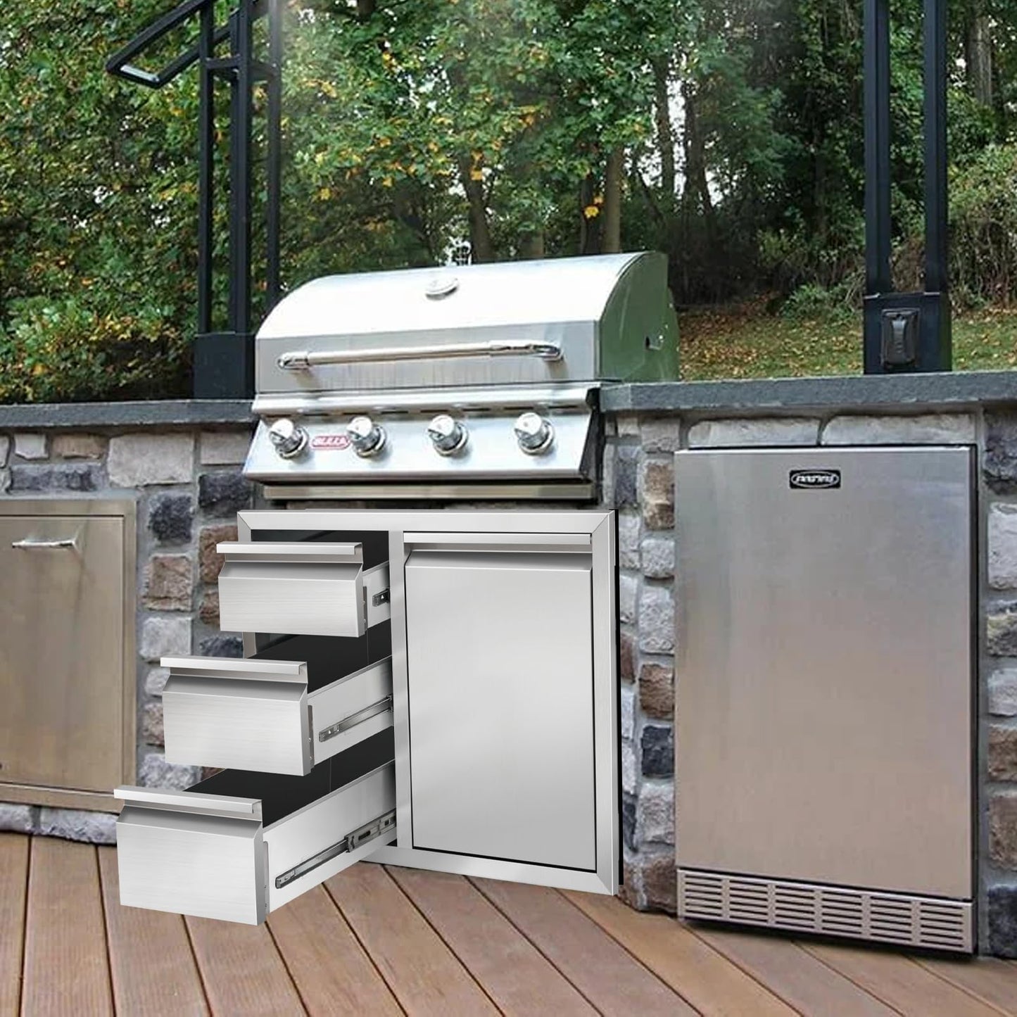 Duluciate Outdoor Kitchen Drawer Combo, Stainless Steel Triple Drawer Cabinet with Built-in Trash Bin Drawer & Two Trash Cans, 28" W x 22" H x 19.5" D Outdoor Kitchen Storage for BBQ Grill Islands