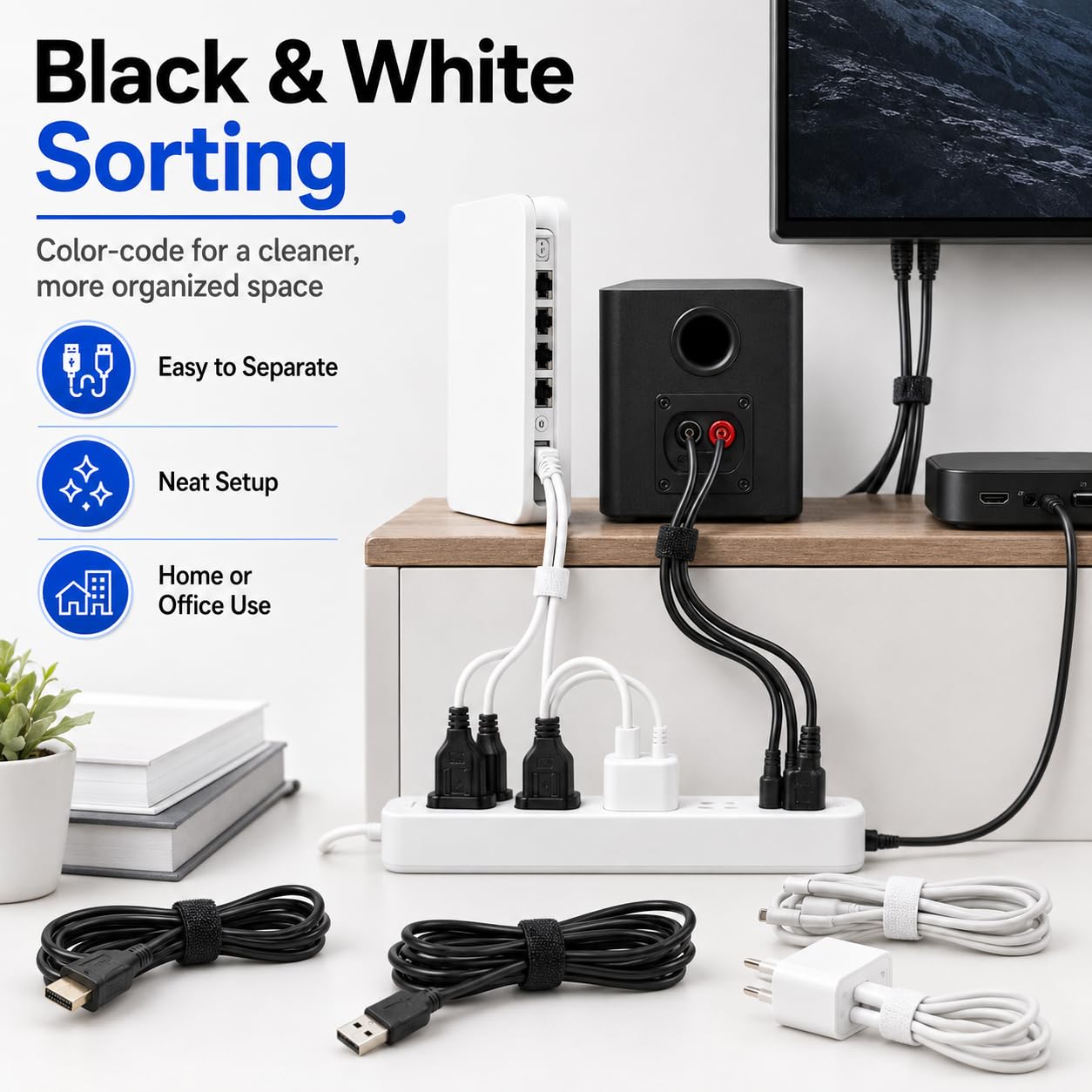 70pcs Cable Ties Reusable Black and White Wire Ties Cable Management Cord Ties Reusable for Electronics Hook and Loop Cable Ties for Computer 4 6 8 Inch