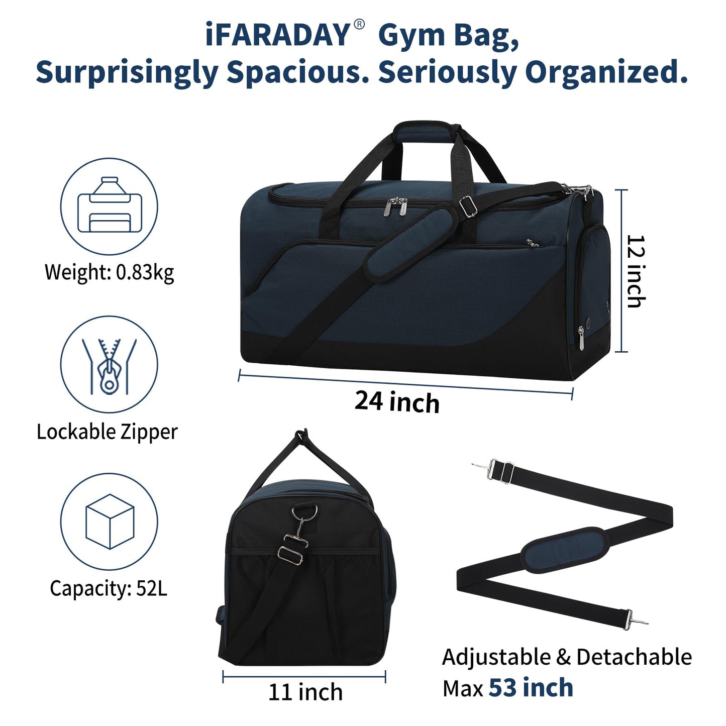iFARADAY 52L Men's Gym Bag with Shoe Compartment - 24-inch Duffle Bag for Travel, Sports, Fitness & Workout (Navy Blue)