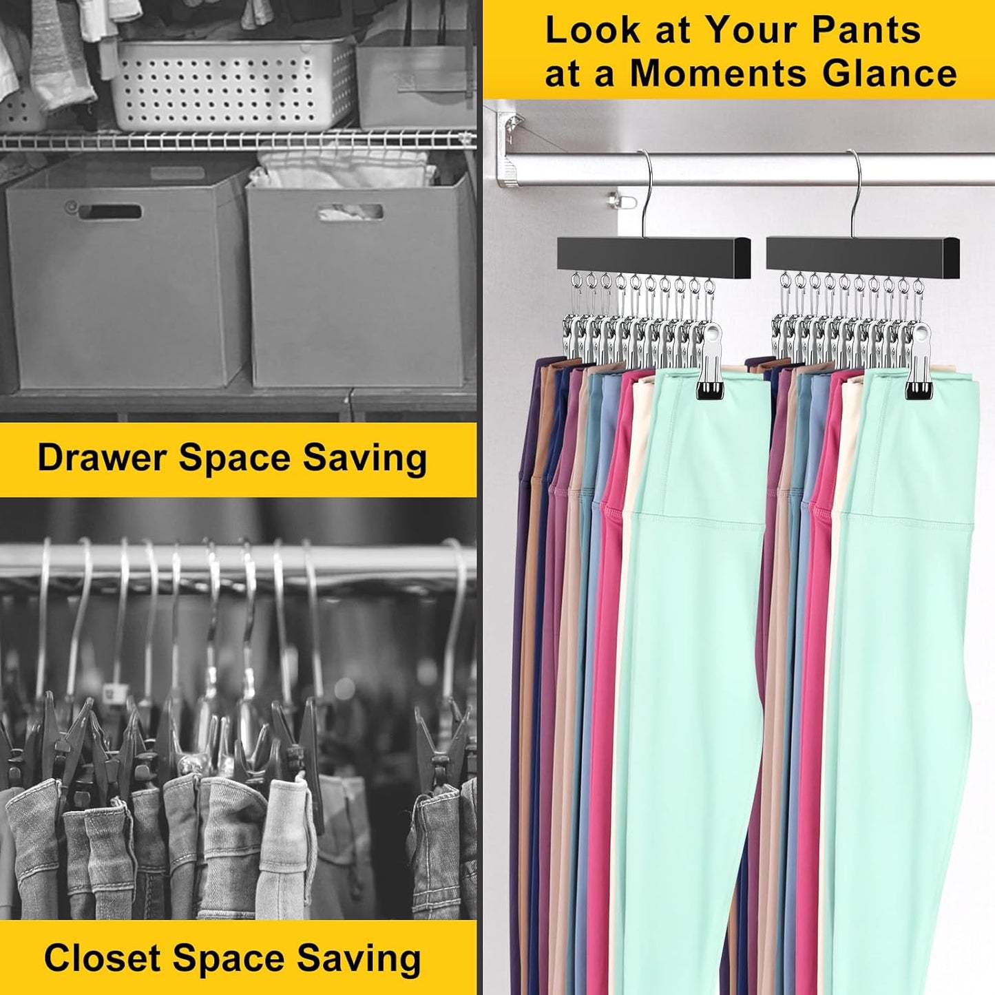 Skiennix Legging Organizer - 360° Rotating Pants Hangers with Clips | Holds 20 Leggings & Jeans (2 Pcs)
