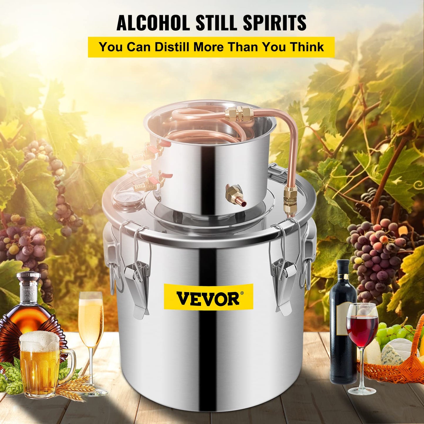 VEVOR Alcohol Still 5Gal/20L Alcohol Distiller Stainless Steel Distillery Kit for Alcohol with Copper Tube Home Brewing Kit Build-in Thermometer for DIY Whisky Wine Brandy