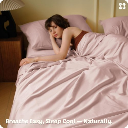 Bedsure Bamboo Viscose Cooling Sheets - Breathable & Buttery Soft Queen Size Bed Set | Deep Pocket Up to 18" - Rose Pink