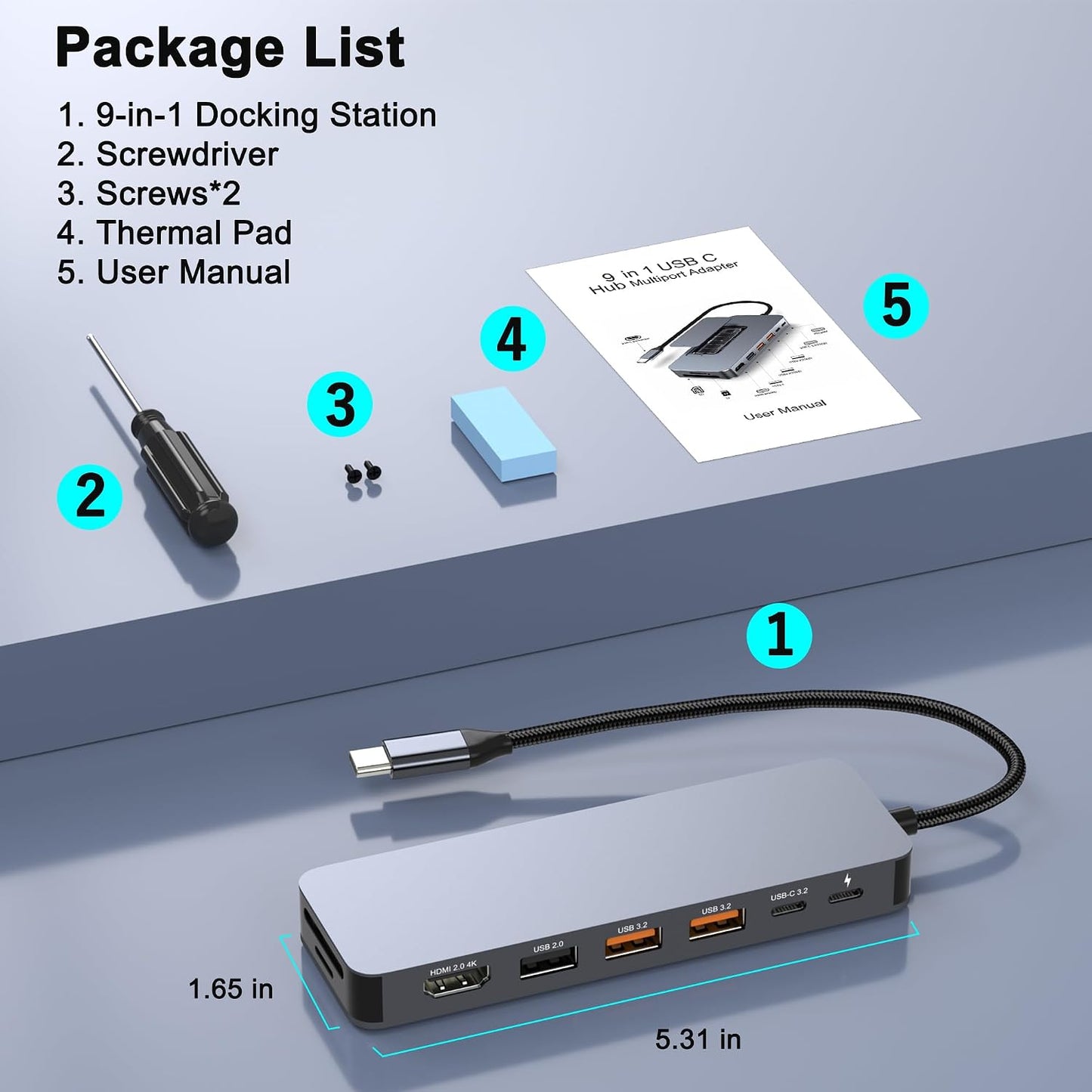 Buerlaseul M.2 10Gbps, 9 1 4K@60Hz 3.2 Gen2, PD100W, USB C Docking Station with NVMe SSD Enclosure in USB-C Hub, Type C
