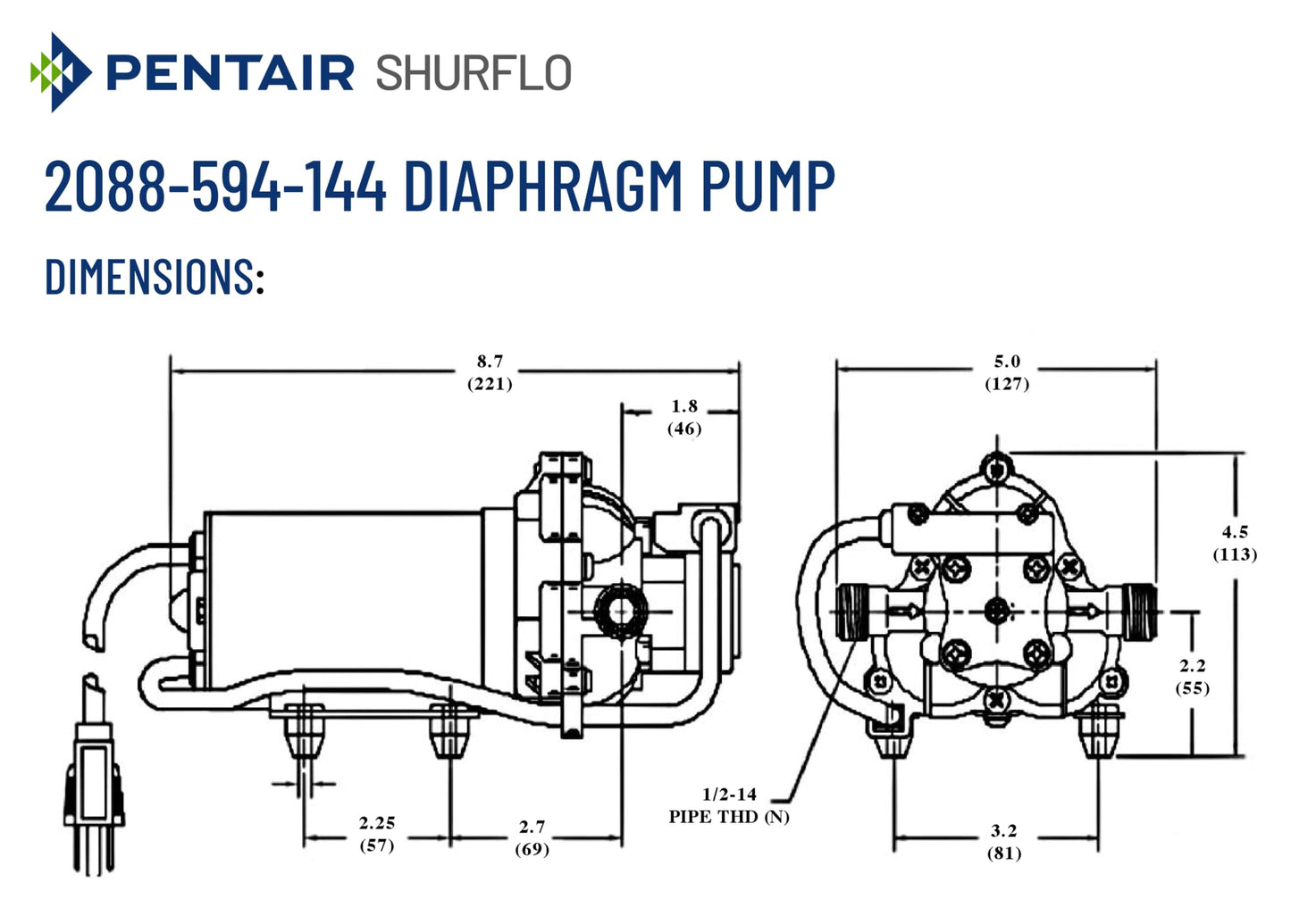 PENTAIR SHURFLO 2088-594-144 Diaphragm Pump, 115 VAC Water Pump, 3.0 GPM, 45 PSI Automatic Pressure Switch, Self-Priming up to 12 ft, 1/2"-14 NPSM Ports, Agricultural Spraying