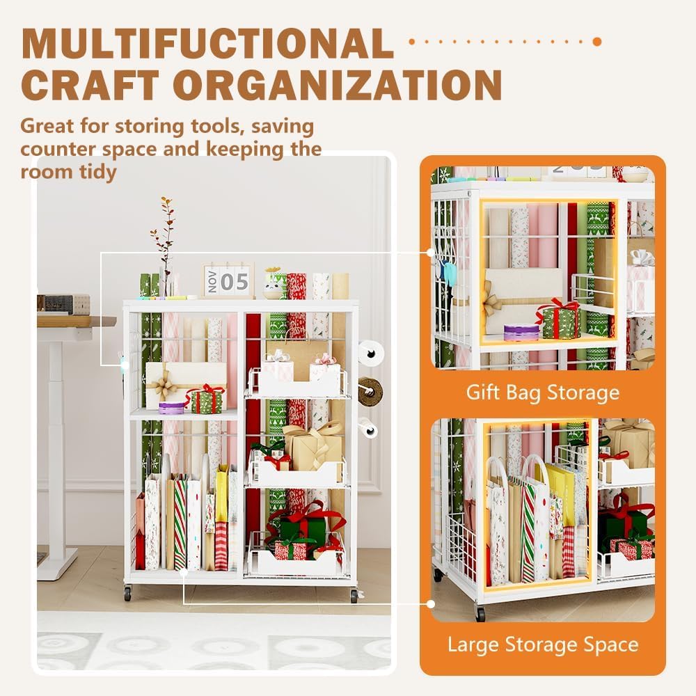 Wrapping Paper Organizer - Rolling Gift Wrap Cart with Wheels, 20 Roll Holders & 3 Drawers | White