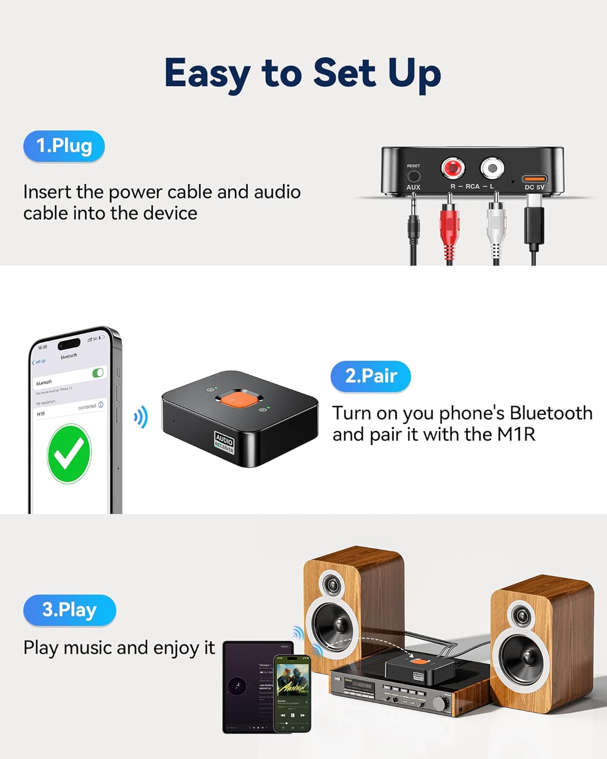 MiiTeeks 6.0 Bluetooth to RCA Adapter for Stereo Receiver-Long Range Low Latency Bluetooth Receiver for Home Stereo