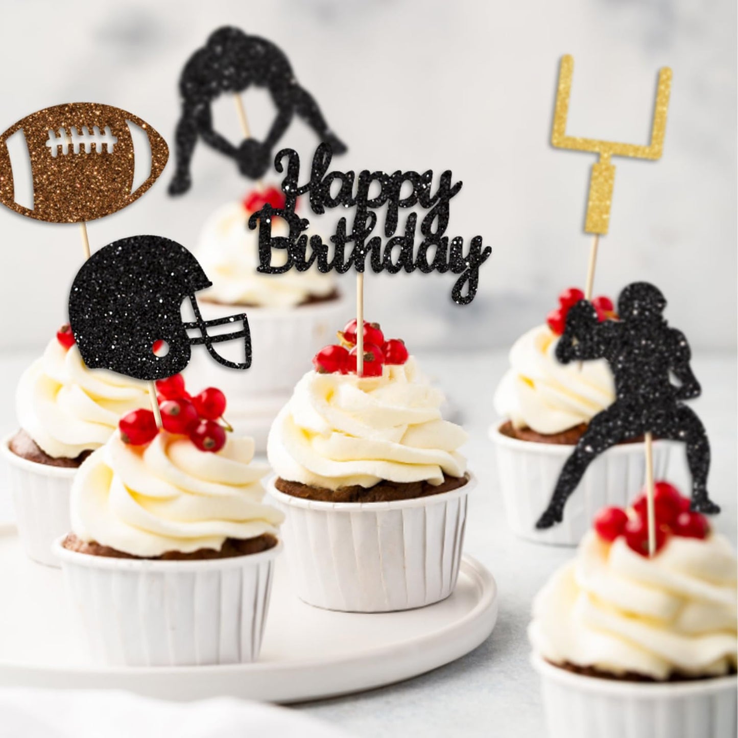 Vofrise 36PC Football Cupcake Toppers for Birthday,Glitter Football Cake Toppers for Boys Birthday Party Decorations Supplies