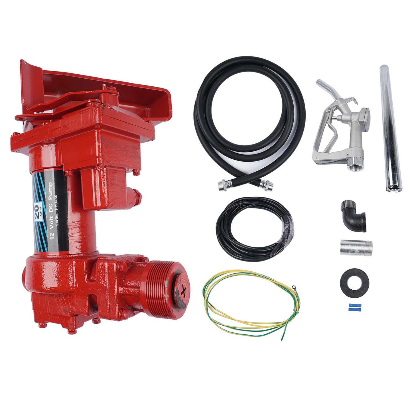 Fuel Transfer Pump, 12 Volt 20 GPM, with Nozzle Kit for Transfer of Gasoline, Diesel, Kerosene, Ethanol & Methanol Blends & Biodiesel Red (Fuse Required More than 50Amp)