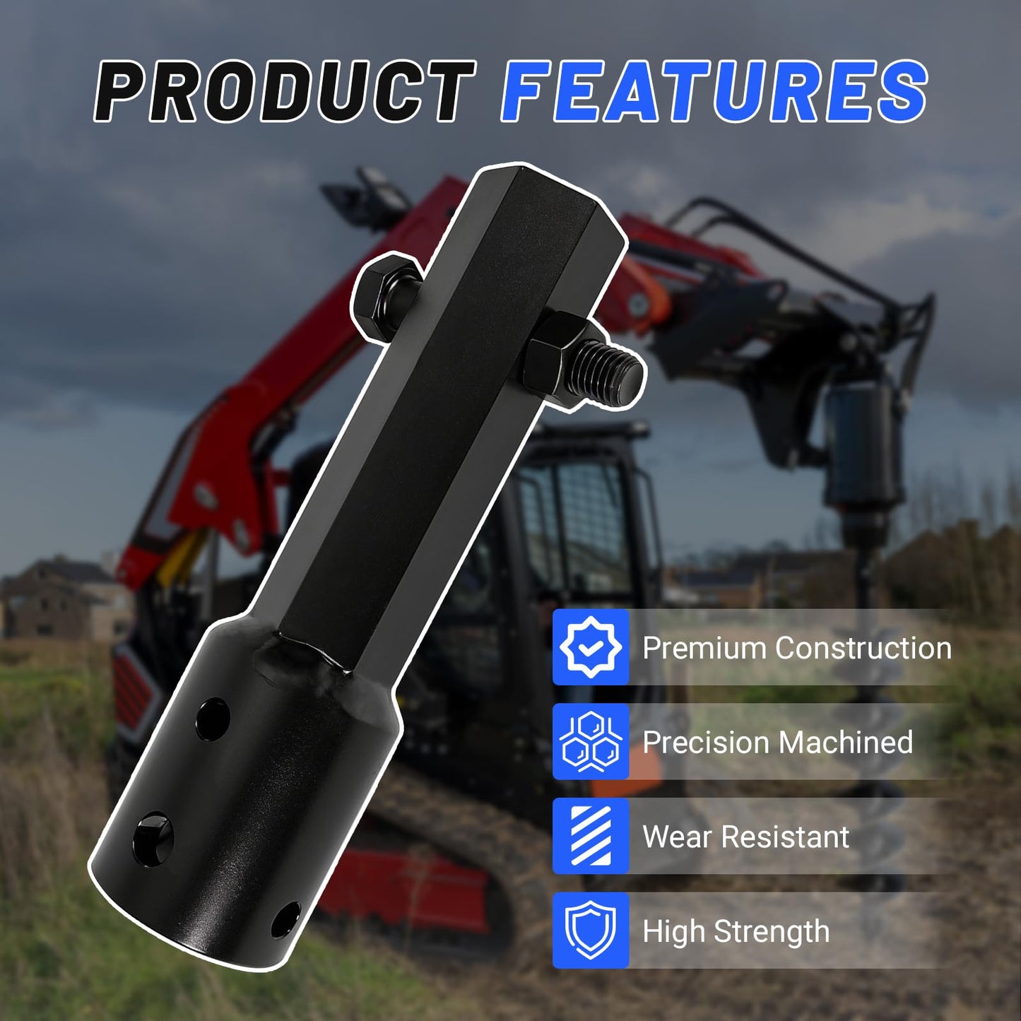 loosoo Auger Adapter Coupler, 2" Female Round to 2in Male Hex, Heavy Duty Auger Shaft Bit Adapter Conversion Bolt Pin, Fit for Skid Steer/Tractor/Digger/Power Head, Fully Welded Machined Carbon Steel