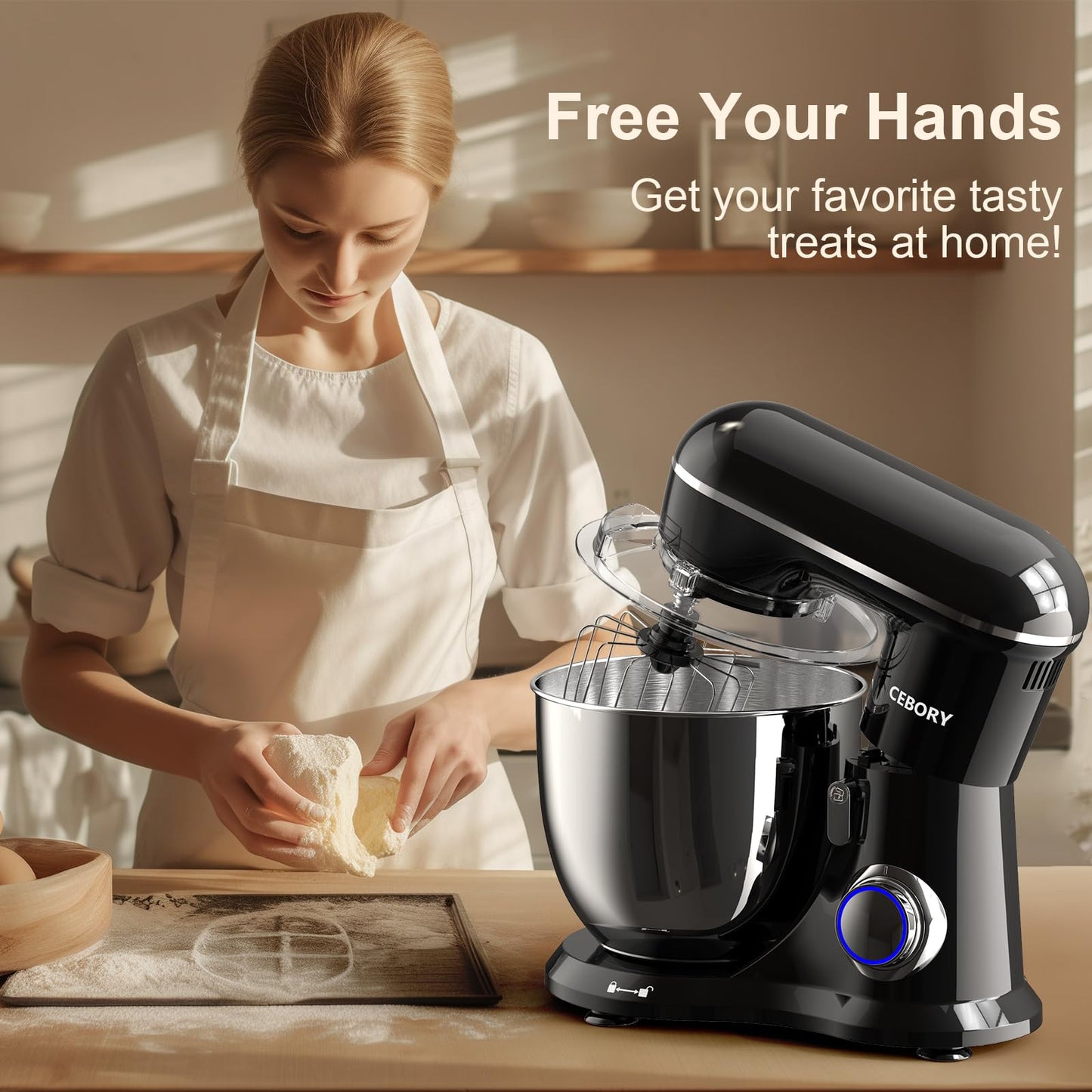 CEBORY 3-IN-1 Electric Stand Mixer, 6.5QT Bowl 660W 10-Speed Kitchen Mixer, Household Food Mixers include Dough Hook, Beater and Whisk, Bread Cake Mixer for Baking and Most Home Cooks, Black