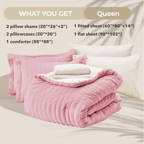 HYMOKEGE Queen Comforter Set - 7-Piece Seersucker Luxury Bedding in Pink/Ivory | All-Season Bed in a Bag