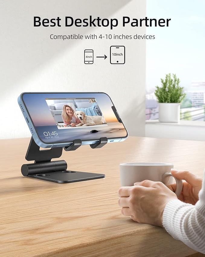 Nulaxy 2 Pack Dual Folding Cell Phone Stand, Fully Adjustable Foldable Desktop Phone Holder Cradle Dock Compatible with iPhone 17 16 15 14 13 12 Pro Max Xs Xr, All Phones, Black & Rose Gold
