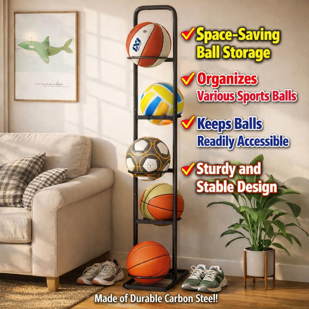 MLUPODY Vertical Ball Rack -basketball rack- Durable Carbon Steel Storage for Basketball, Soccer, Volleyball, and More - Easy to Assemble, Waterproof, Sturdy - 56.7" H