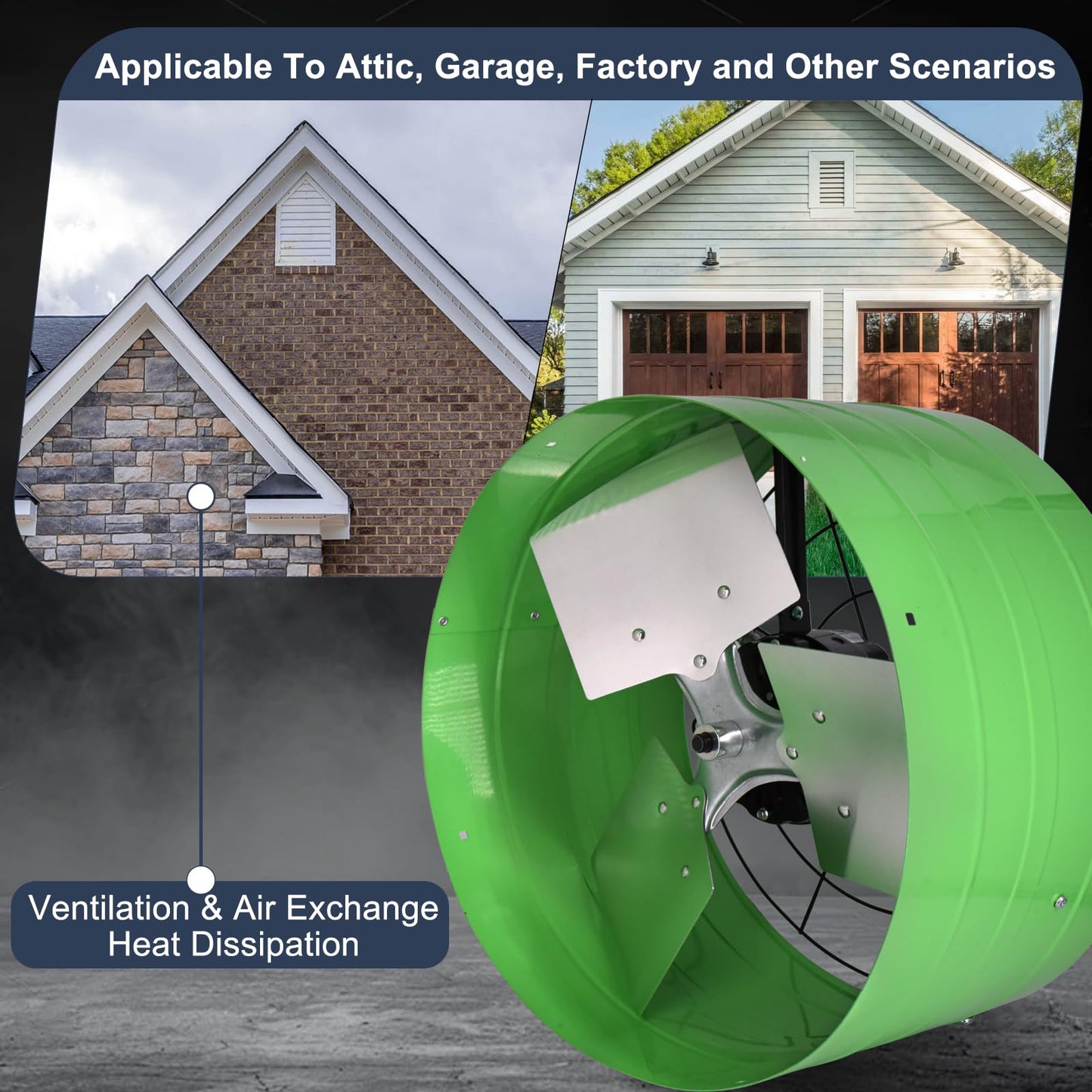 Criditpid 16 Inch Gable Mount Vent Attic Fan, Exhaust Ventilation Fan with Adjustable Thermostat for Gable, Home, Shed, Garage, Portable Building, 3.4A, 1075RPM, 2801CFM, Green.
