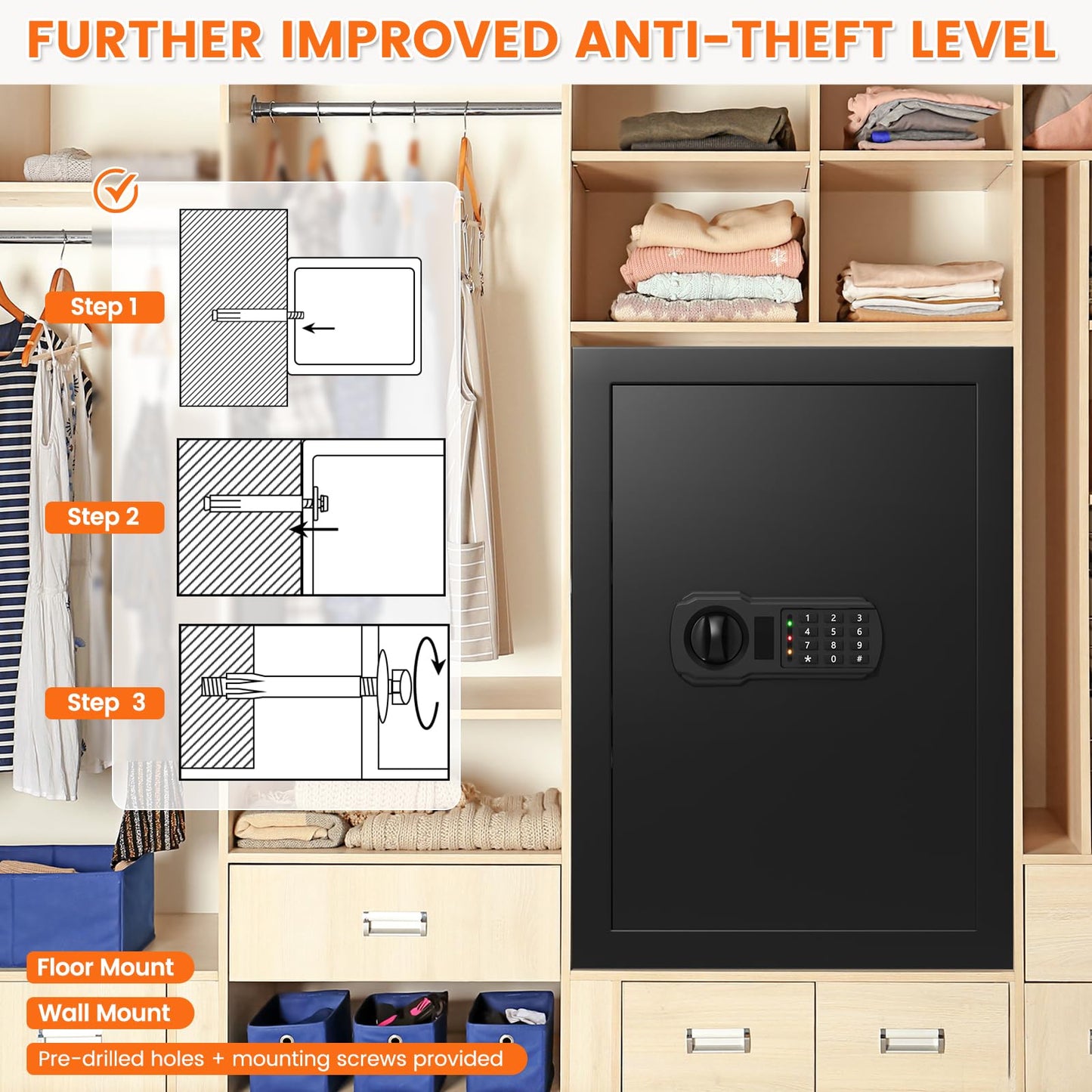 21.65"H Large Safe Box for Home, 3.8 cu ft Anti-Theft Safe with A4 Fireproof Bag, Steel Security Safe with Keypad Lock, Backup Keys, External Power Supply Box, Document Safe for Cash Medicine Document