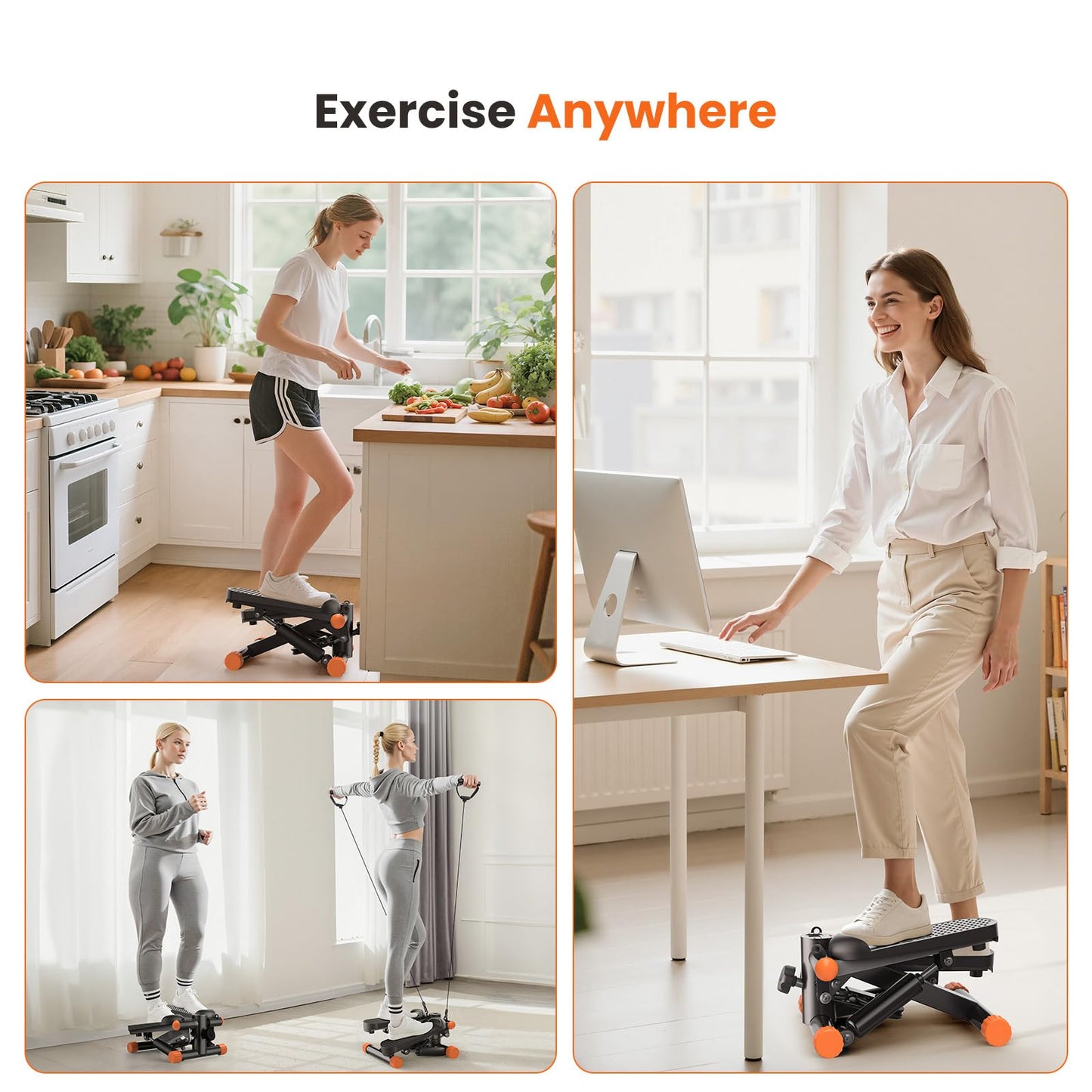 Sweetcrispy Mini Stair Stepper with Resistance Bands, Hydraulic Home Stepper Machine, 300 LBS Weight Capacity, Compact Cardio Equipment with LCD Monitor, No Assembly Required, Black&Orange