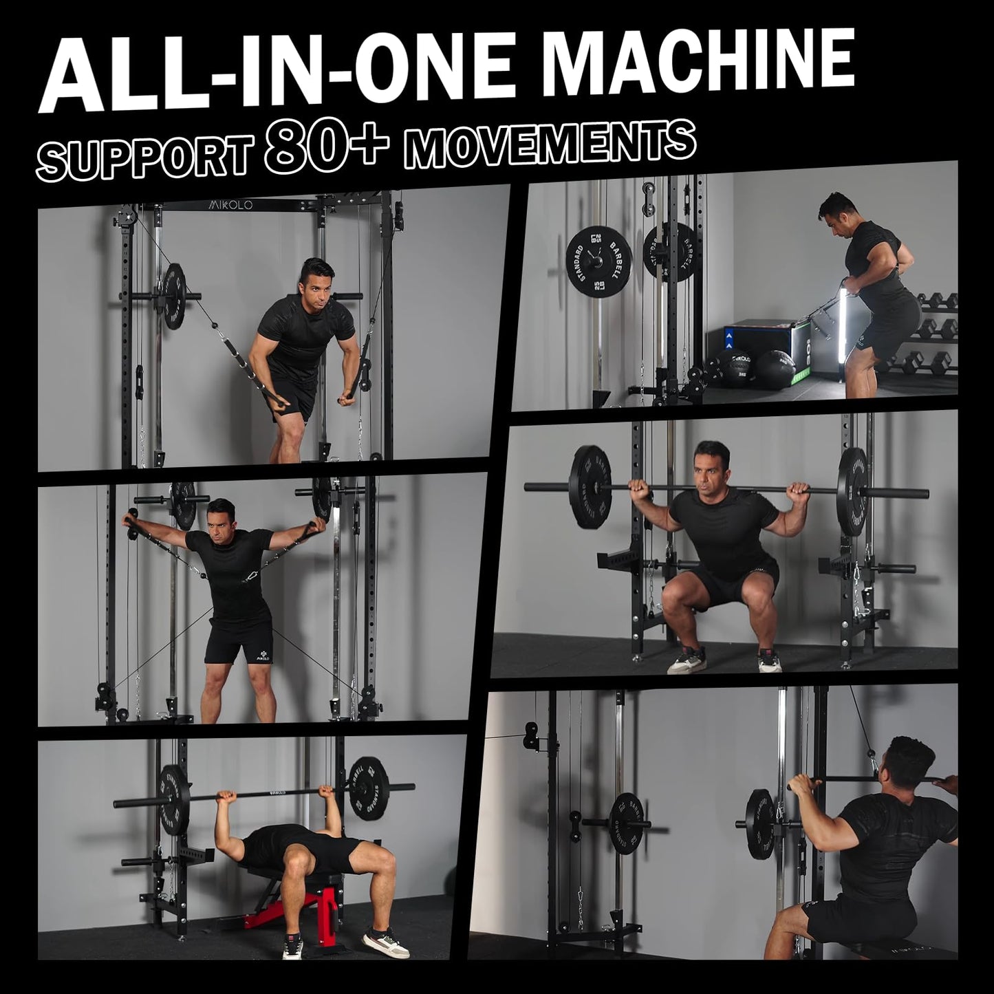Mikolo Folding Squat Rack, Wall Mounted Power Rack with Cable Crossover Machine & LAT Pull Down, Functional Trainer with 5 Adjustable Function Modes, No Function Interference (Black)