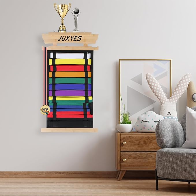 JUXYES Wall Hanging Martial Arts Belts Organizer with Trophy and Medal Display Rack, Bamboo Karate Belt Display Holder Rack, Wall Mounted Taekwondo Belt Display Holder for Martial Arts Learners