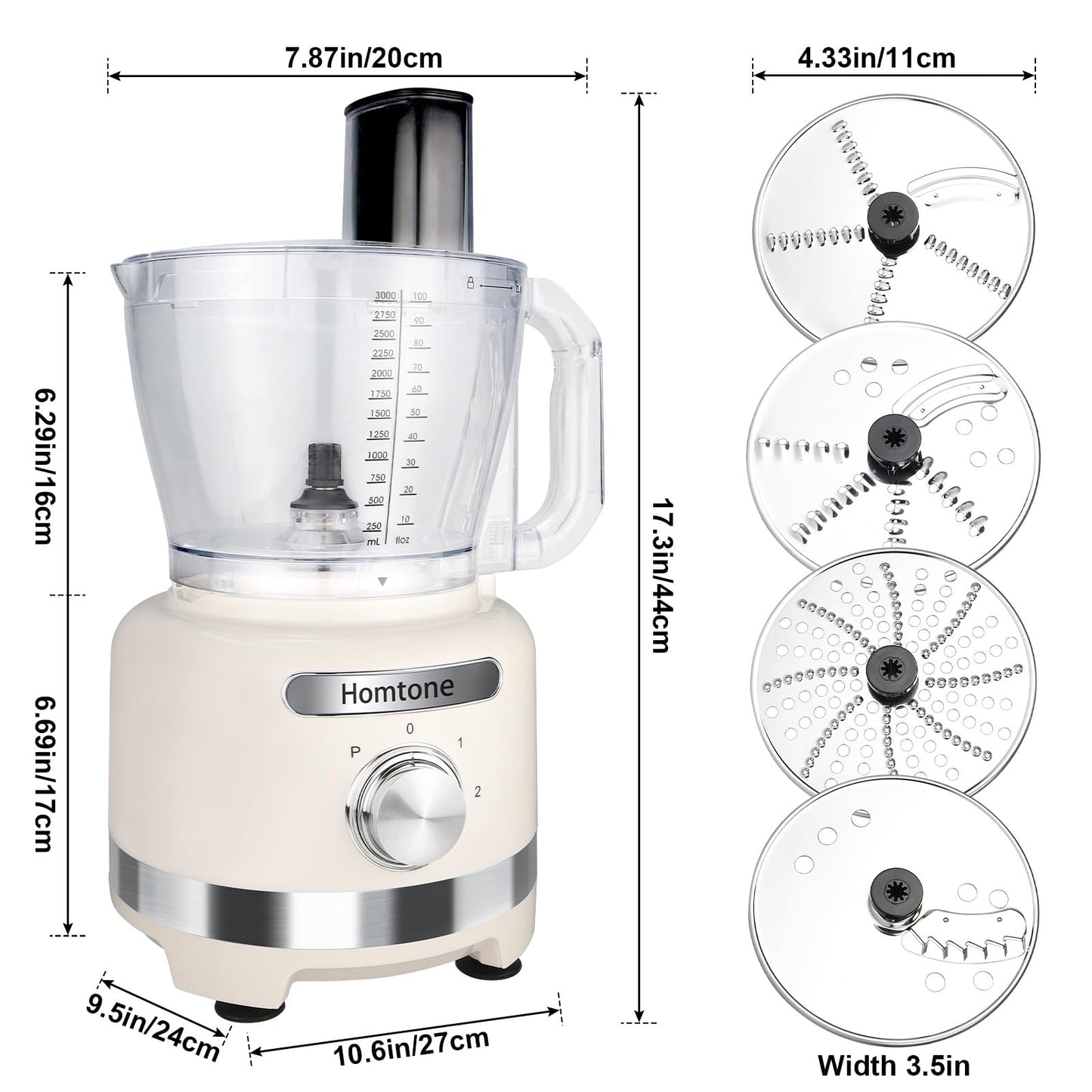 Homtone 16 Cup Food Processor Large, 9-in-1 Vegetable Chopper with 7 Blades for Shredding, Slicing, French Fry Cutting, Meat Grinding, Dough Kneading & Emulsifying, 3 Speeds, Dishwasher Safe, White