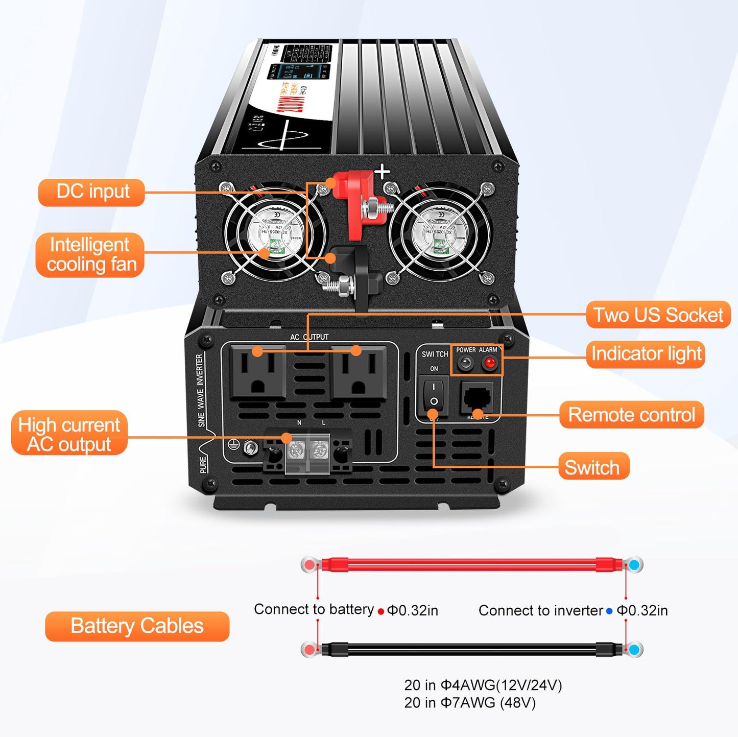 2000W (Peak Power 4000W) DC 12v to 120V AC 60HZ Pure sine Wave Solar Inverter for Home RV &Camping (DC12V (Range 10V-15V)