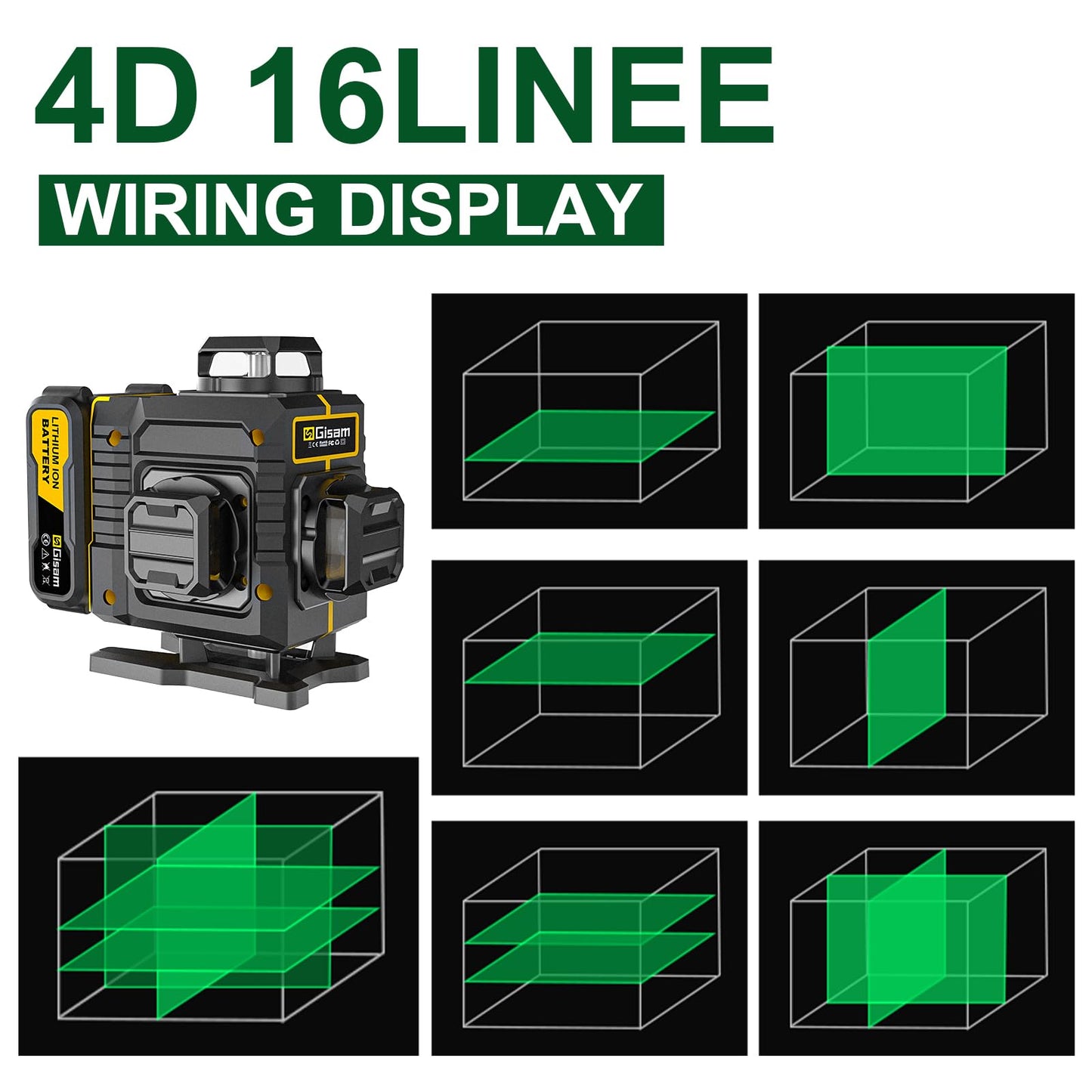 Gisam Laser Level with Tripod- 360° Rotating Window, Lazer Leveler Tool with Pulse Mode, 4D 16-Line Self Leveling Green Lazer Level with 2 * 4800mAh Batteries for Construction Tiling Home Renovation