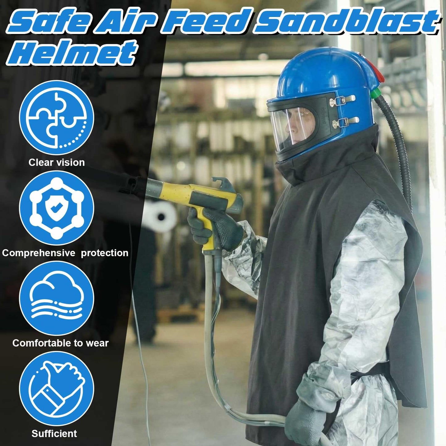 Saysurey Sandblasting Helmet Full Face Sand Blast Hood with 5 Pcs Replaceable Outer Lens Safety Protective Air Feed Sandblaster Helmet with Air Supply Hose, for Industrial