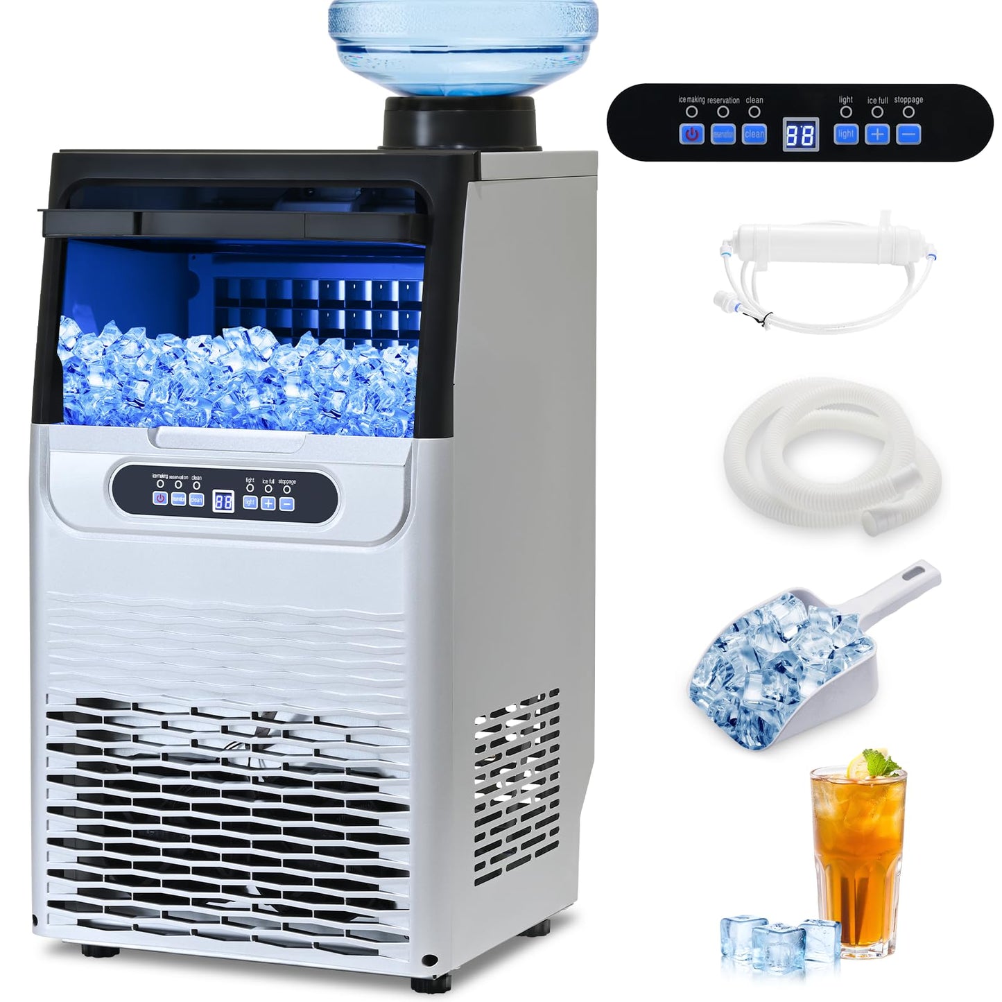Amzgachfktch Commercial Ice Maker, 100lbs/24H Ice Maker Machine, 2 Water Inlet Modes, Ice Machine with 22lbs Storage, Auto Self-Cleaning, Under Counter/Freestanding Ice Maker for Home/Office/Shop/Bar