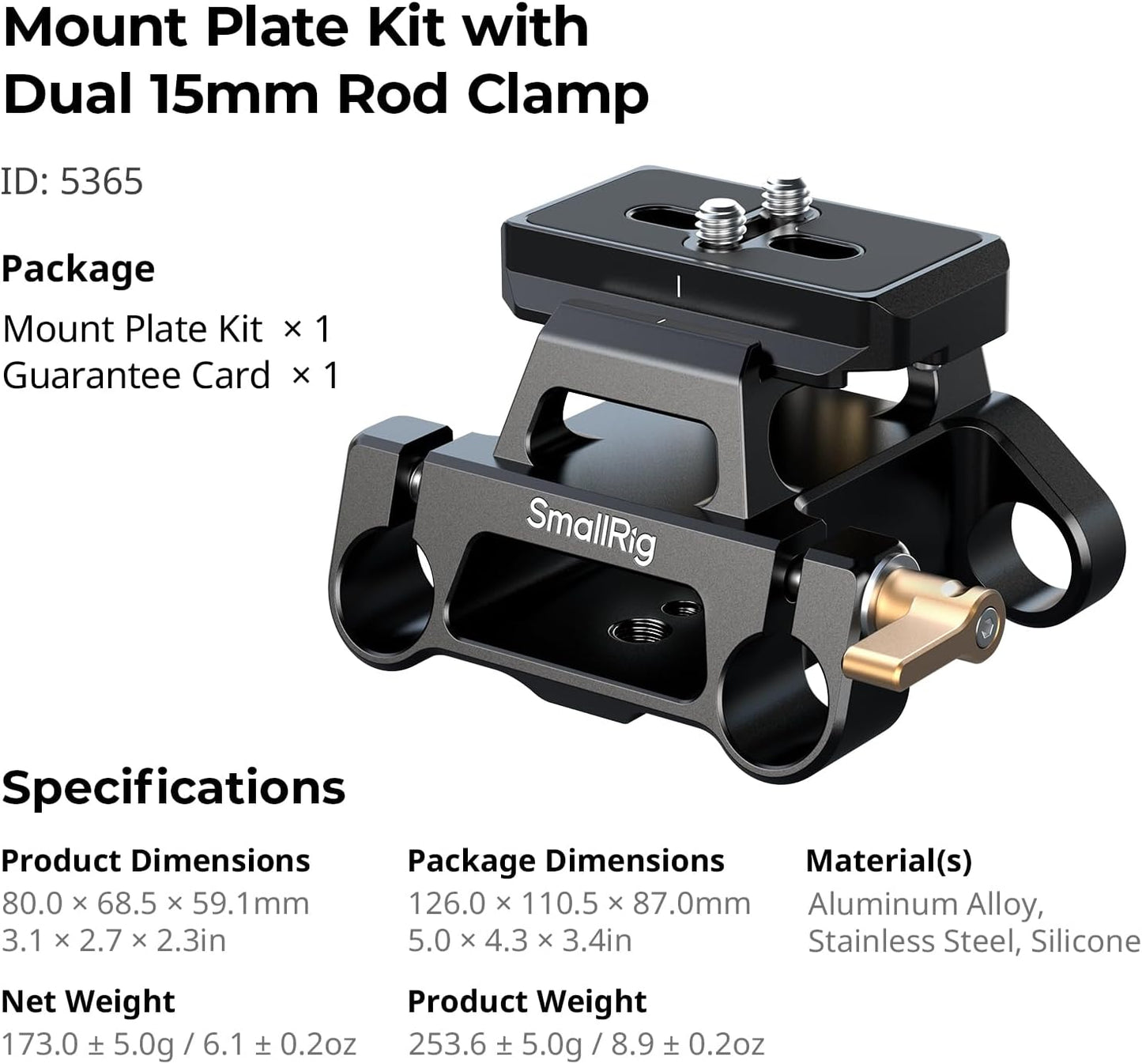 SMALLRIG 15mm 1/4"-20 3/8"-16 5365 Universal Mount Plate Kit with Dual Rod Clamp for Cameras, Built-in Quick-Release