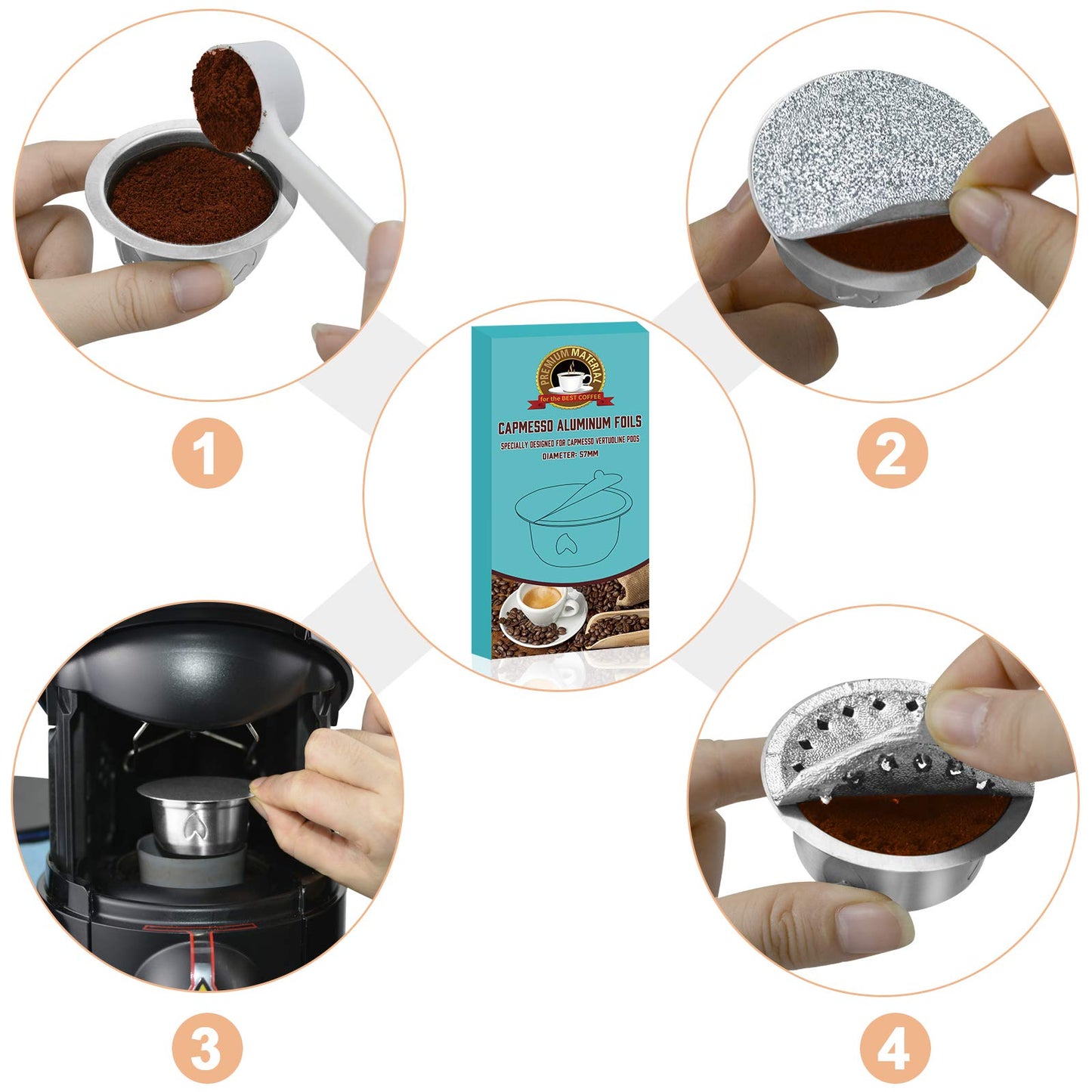 CAPMESSO Reusable Vertuoline Pod Foil Lids, for CAPMESSO Vertuline Capsules Aluminum seals Reusable Coffee Pod Stainless Steel Espresso Refillable Vertuoline Capsule Foil Lids(100pcs/57MM in diameter)