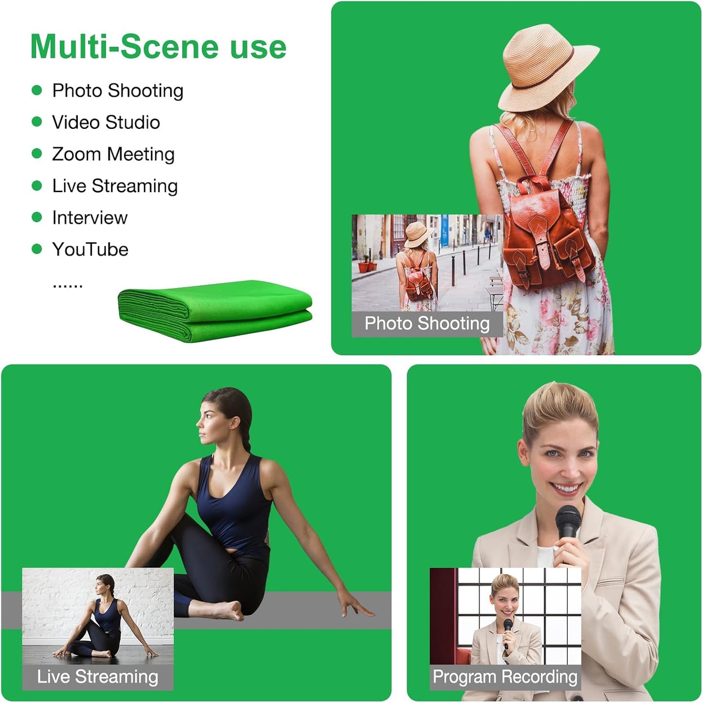 Aimosen 10x10FT Green Screen Backdrop for Photography, Large Background for Zoom Meetings, High Density Polyester