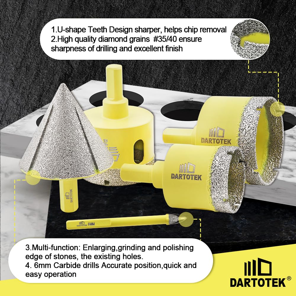 Diamond Core Drill Bits Set 10PCS - DARTOTEK Tile Hole Saw Kit (6/6/6/20/25/32/35/50mm/1 3/8"/6mm for Porcelain, Ceramic Tile, Granite, Marble, Masonry