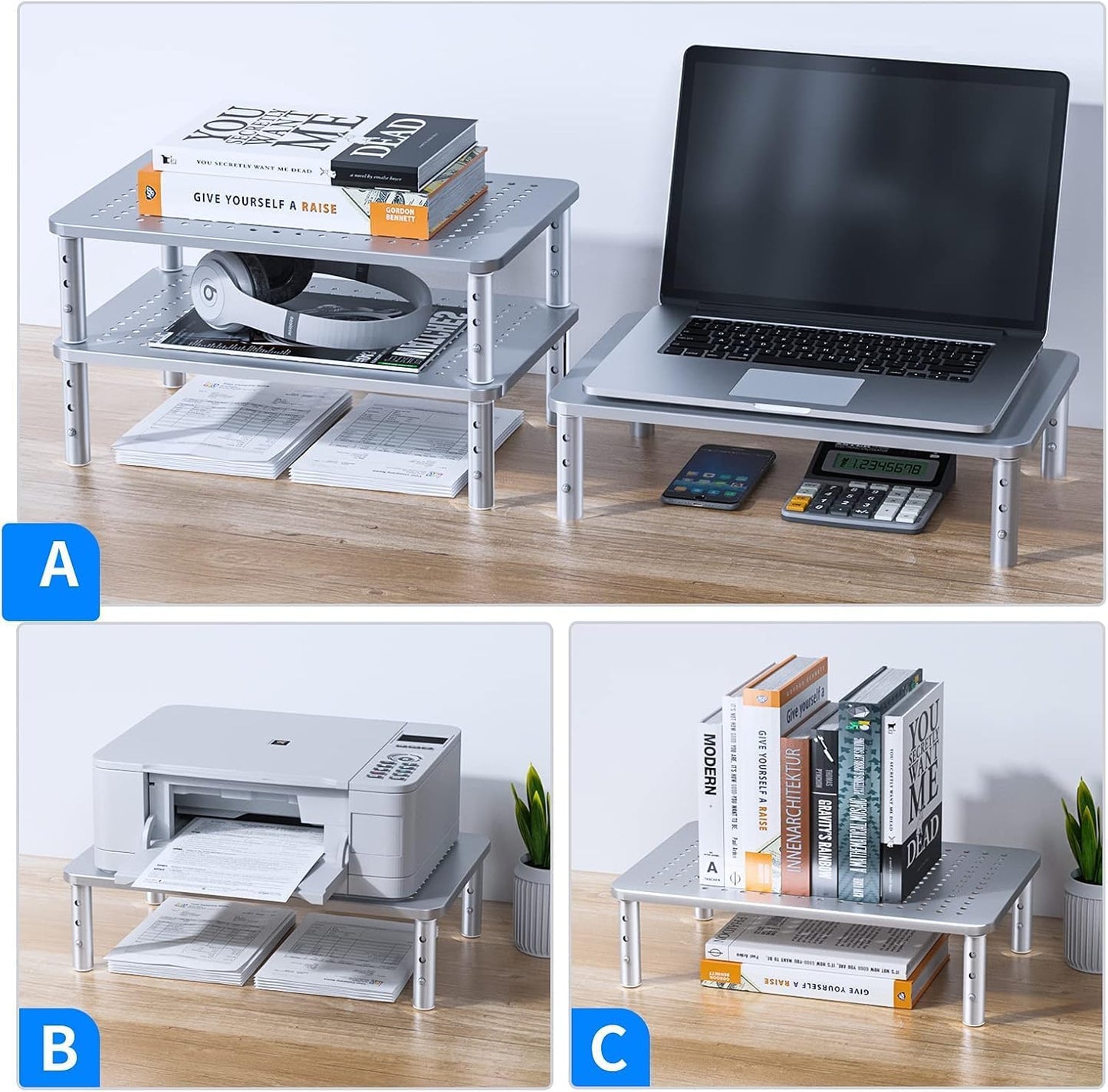 3 HUANUO Monitor Riser - Height Adjustable Stand for Laptop, Computer, iMac, PC, Printer, Desktop Ergonomic Metal