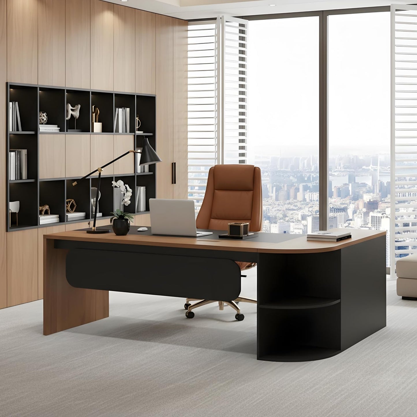 SimpArt Executive L-Shaped Office Desk with Storage Shelves, Modern Executive Desk with Curved Edge, Large Workstation Desk for Home Office, Business Office Furniture