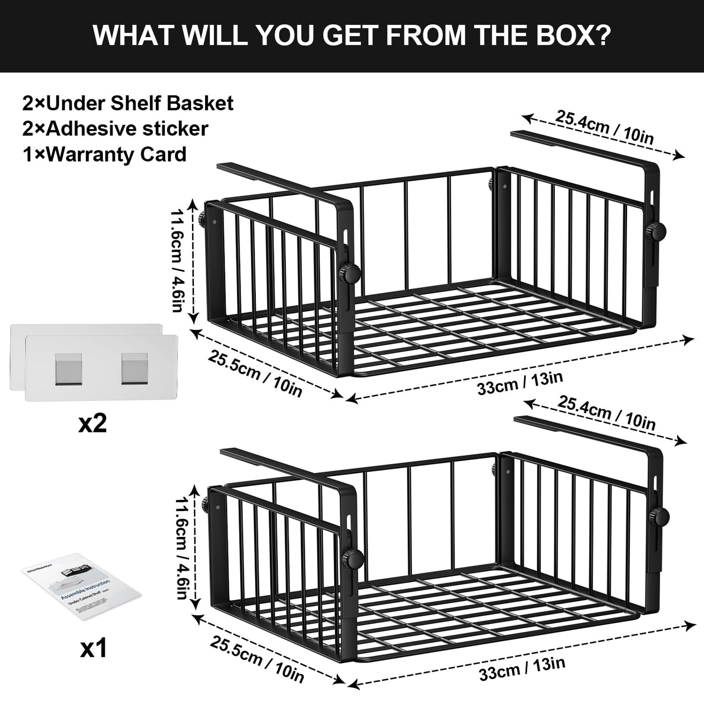 AmonHouseware 2 Pack Hanging Under Shelf Storage Basket,Adjustable Under Cabinet Add-on Storage Racks Slide-in Baskets Organizer for Laundry Room Kitchen Pantry Desk Bookshelf, Black