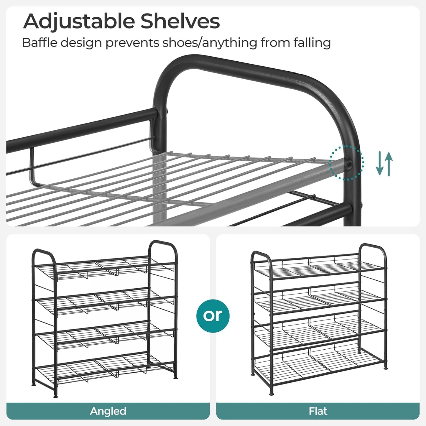 SONGMICS 4-Tier Stackable Shoe Rack - Adjustable Metal Storage Shelf for 16 Pairs | Black