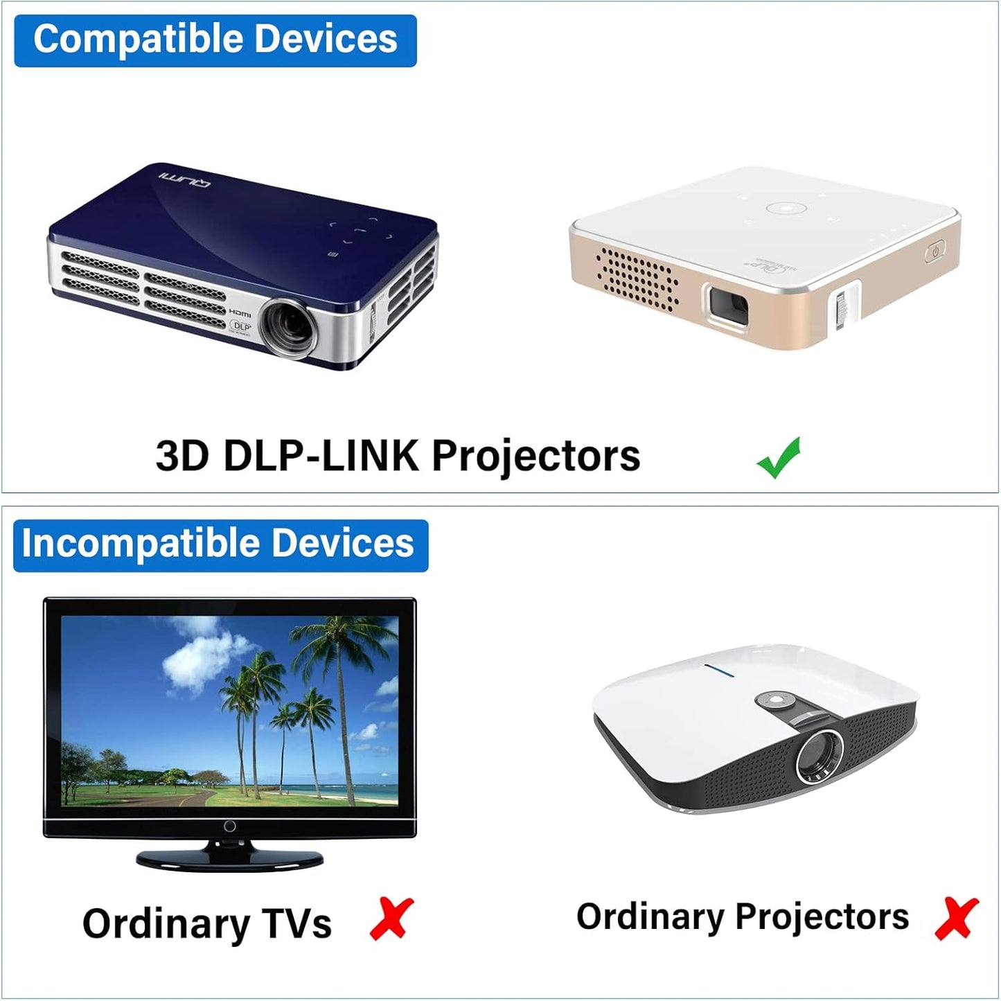 EKYLIN 3D 3D Glasses, Active Shutter Rechargeable Eyewear for DLP-Link Projectors Cocar Toumei