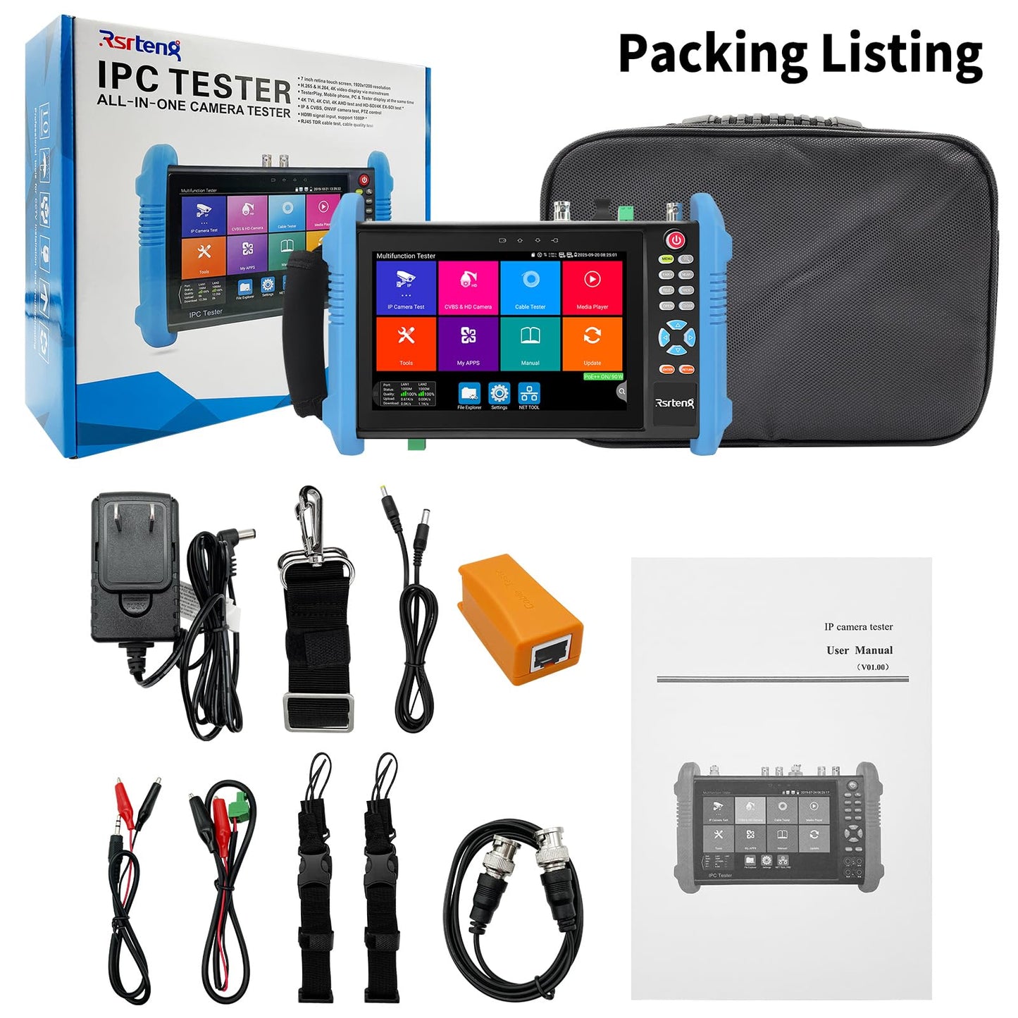 Rsrteng CCTV Camera Tester, 8K 32MP 4K 12MP IP Camera Tester with POE++, CVBS Camera Tester, 1CH SFP Interface 7" IPS Touch Screen Cable Tester Network Tool Support HDMI IPC Tester IPC-9800Pro