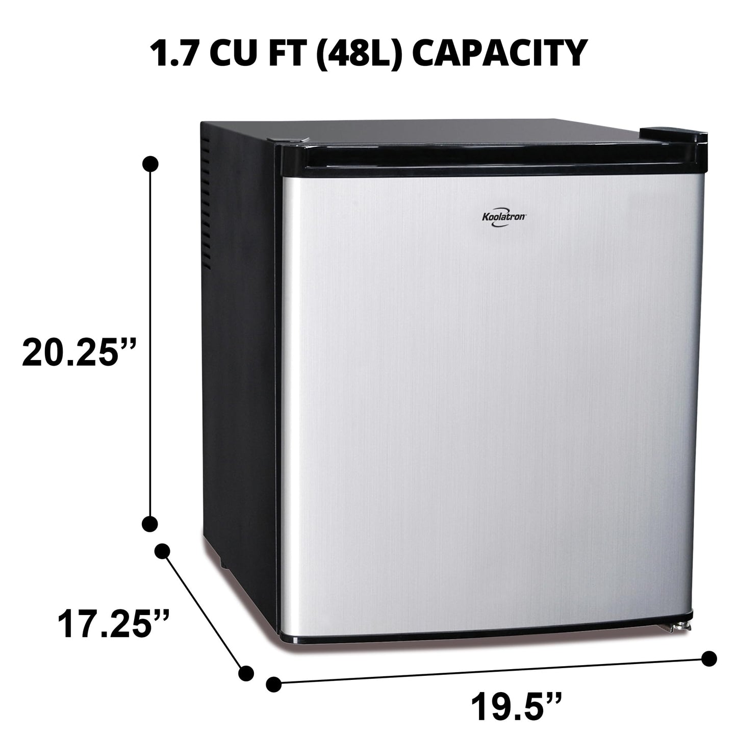 Koolatron Stainless Steel Compact Fridge with Freezer, 1.7 Cubic Feet (48 L) Capacity, Silver and Black, for Snacks, Frozen Meals, Beverages, Juice, Beer, Den, Dorm, Office, Games Room, or RV