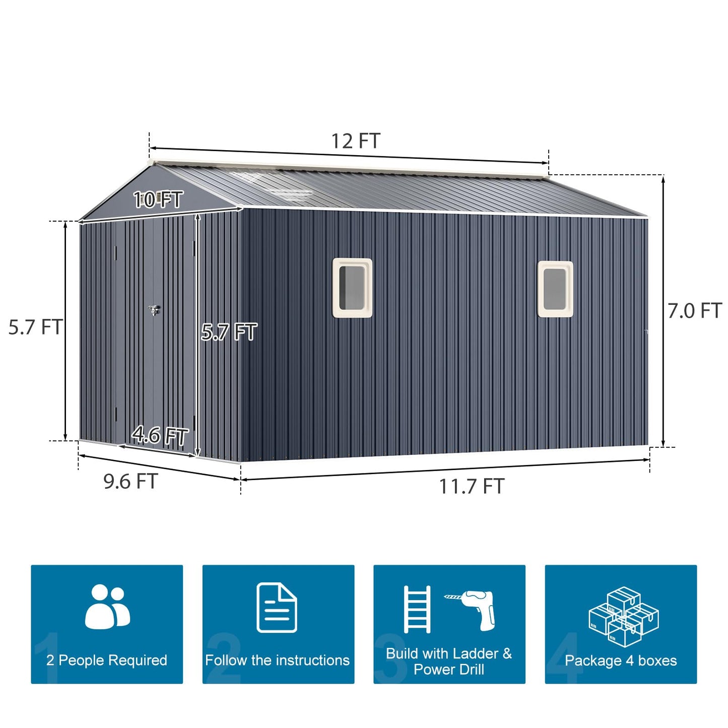 WELYAS 10x12 FT Outdoor Metal Storage Shed with Unique Floor Base Clear Roof Window Lockable Door Vent,Waterproof Heavy Duty Reinforced Frame Sheds for Yard Store Large Lawnmower Tool, Dark Grey